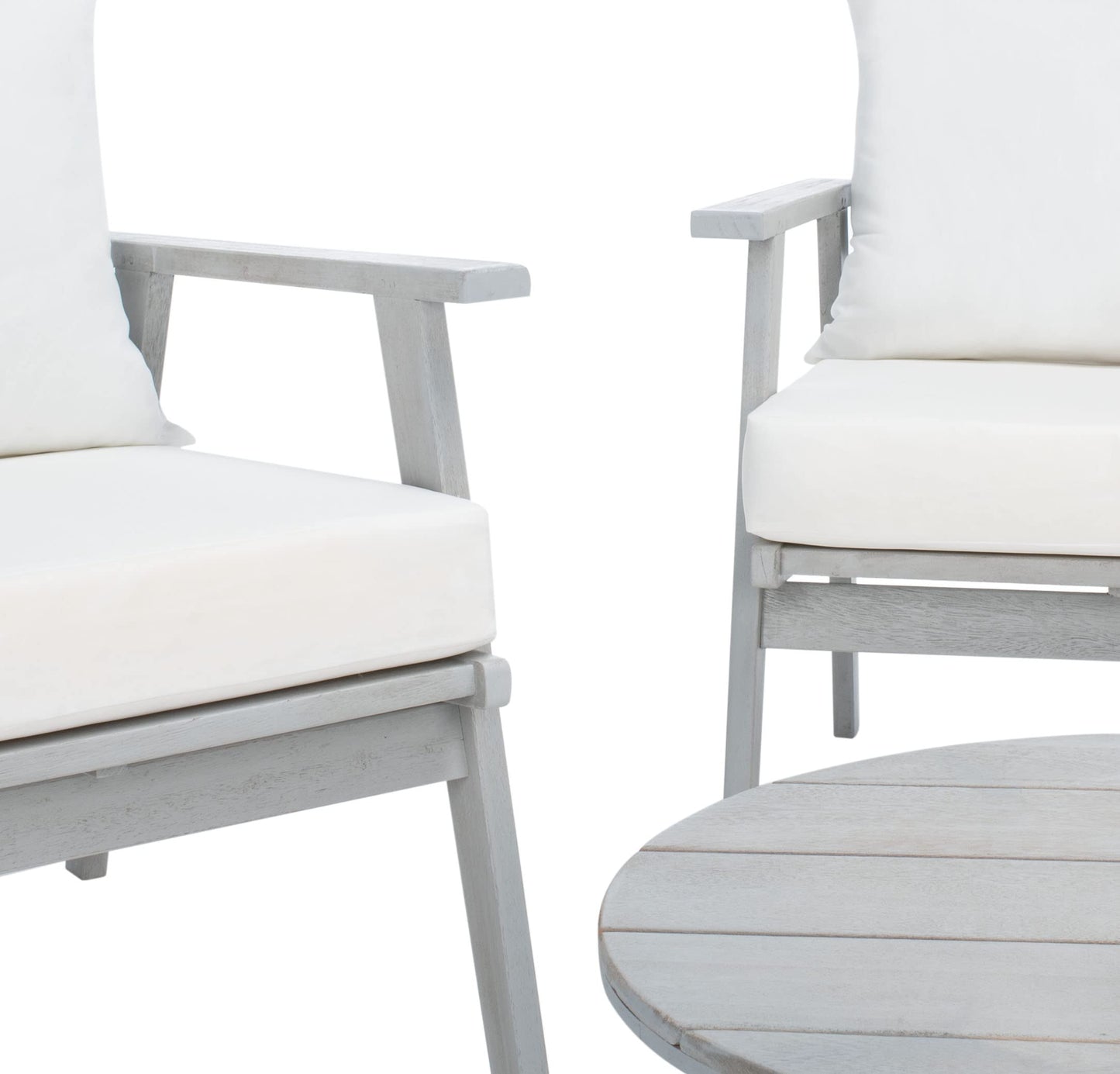 SAFAVIEH Outdoor - Deacon 4-Piece Conversation Set - Grey & Beige - Solid Wood - Coastal Slatted Design with Cushions - Ideal for Patio, Deck, Porch, Backyard (PAT7050H)