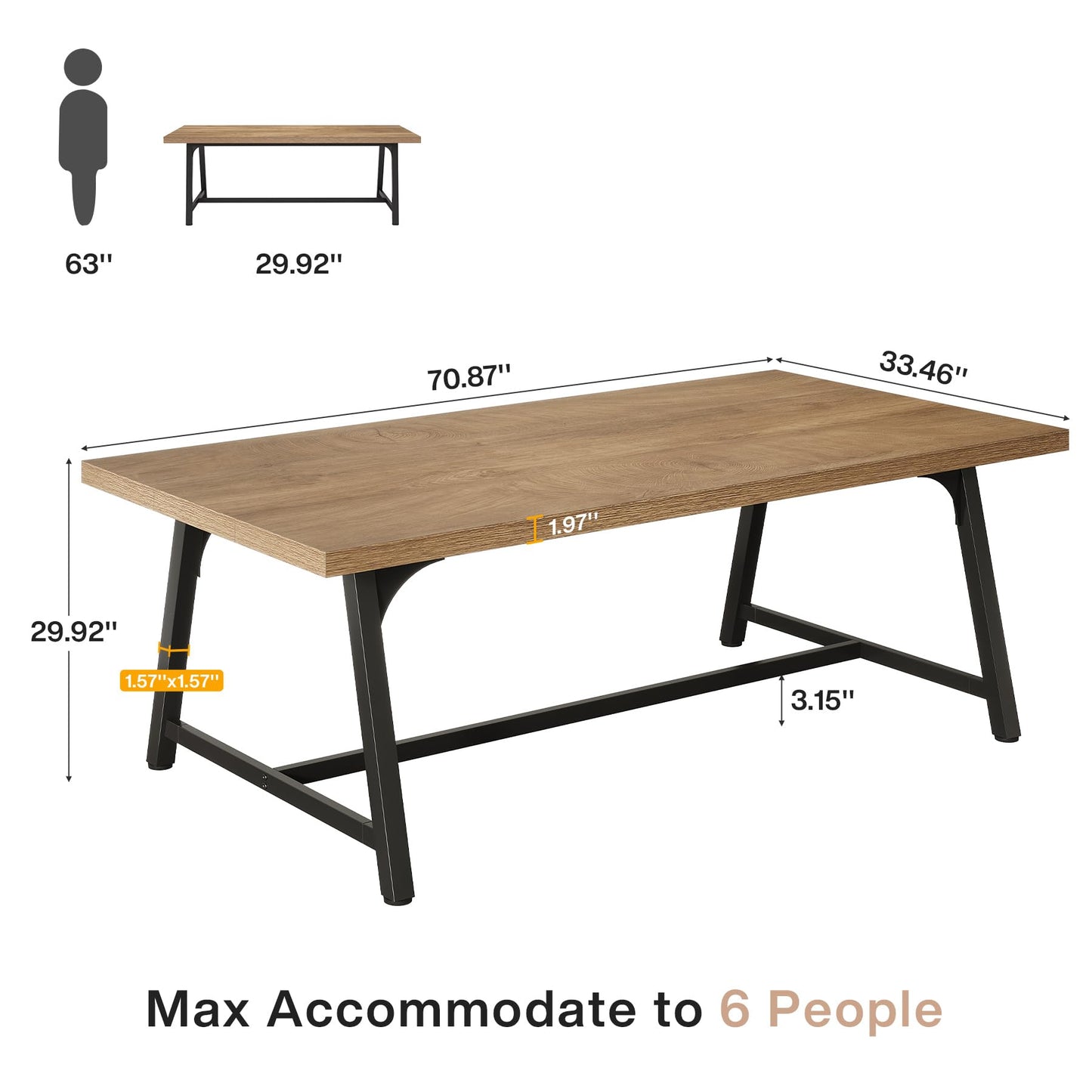 Tribesigns 6FT Rectangle Conference Table, 70.87L x 33.46W x 29.92H Inches Meeting Table for Conference Room, Wood Office Executive Desk with Strong Metal Frame for 6 People, Yellow Brown