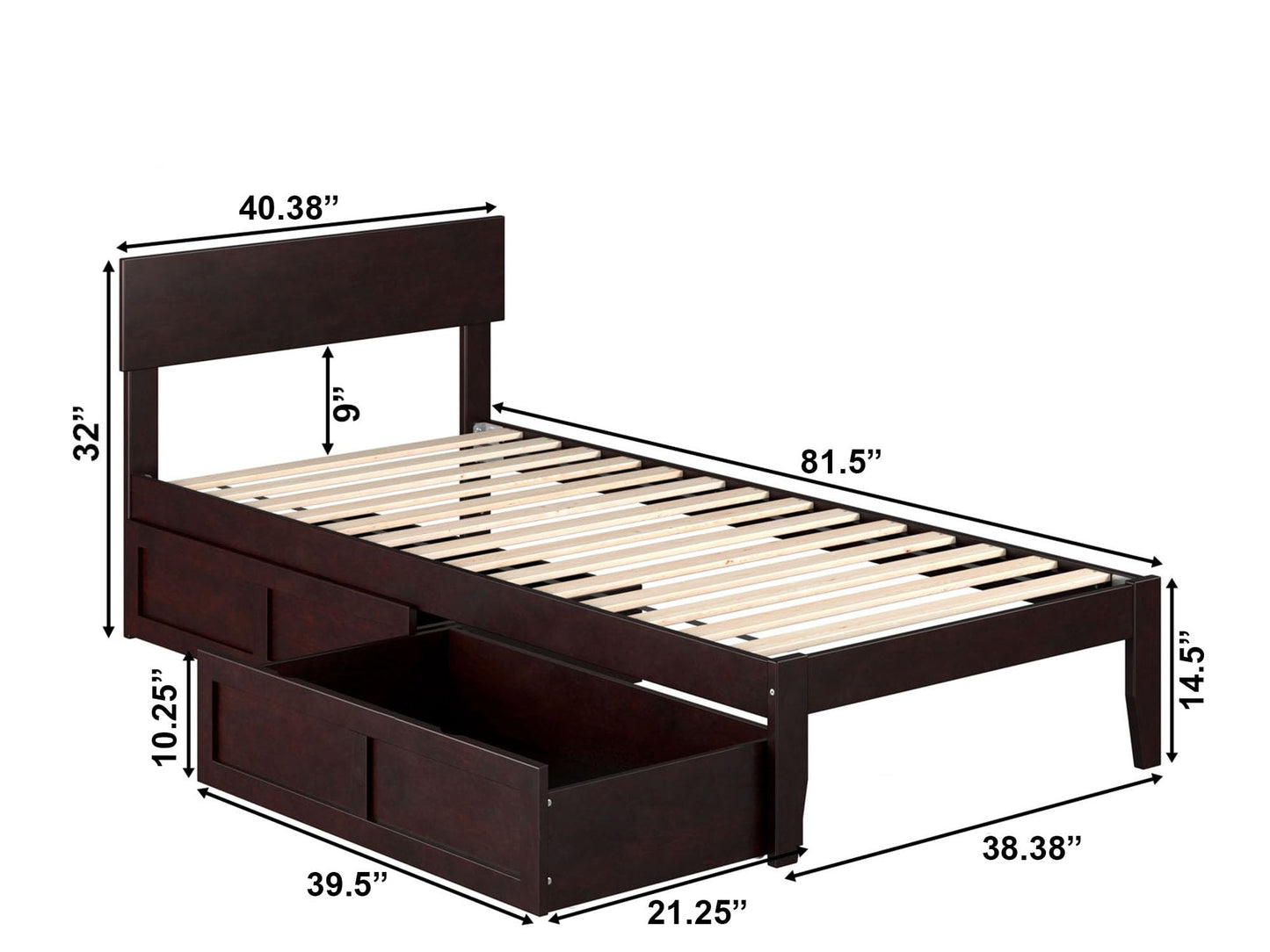 AFI, Boston Twin XL Platform Bed with 2 Underbed Storage Drawers, Espresso