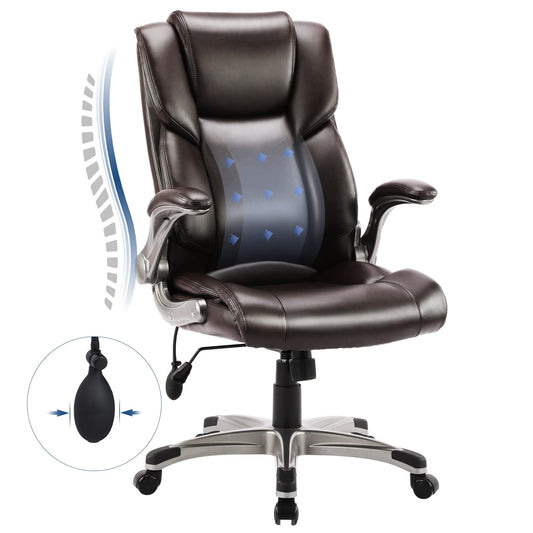COLAMY High Back Executive Office Chair- Ergonomic Home Computer Desk Leather Chair with Padded Flip-up Arms, Adjustable Tilt Lock, Swivel Rolling Chair for Adult Working Study-Brown