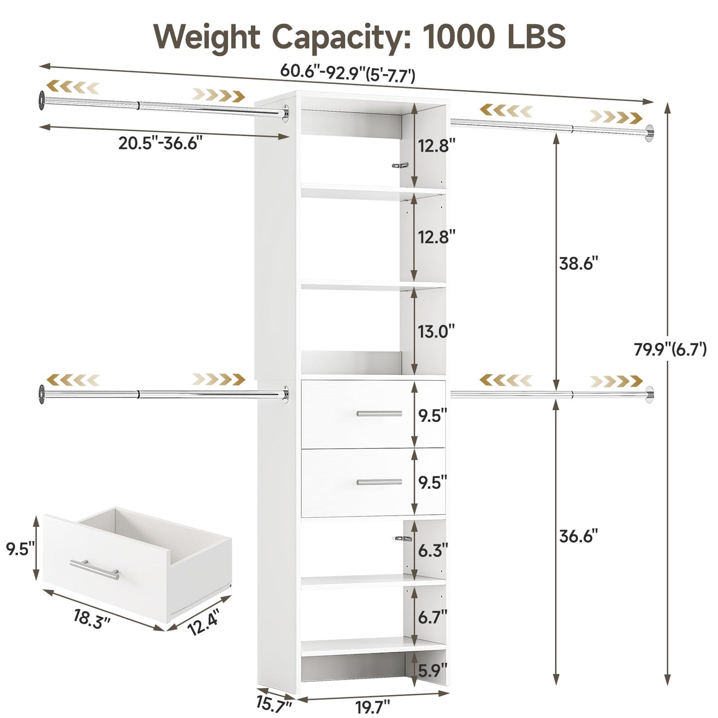 W2 Closet System with 2 Drawers, 3.5FT-7.7FT Closet Organizer System with 4 Chrome-Plated Telescopic Rods & 5 Adjustable Shelves, Custom Wood Walk-In Closet Clothing Rack, White