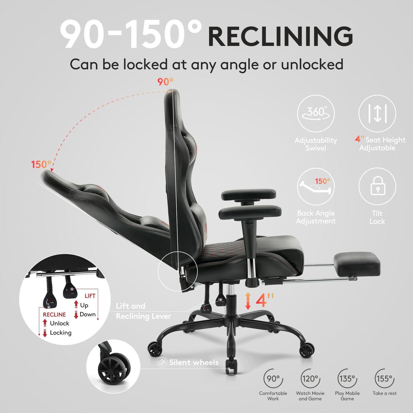Morkprism Gaming Chair,Computer Office Chair with Footrest,Massage Lumbar Support and Gel Pad,Ergonomic Reclining Leather Gamer Chair with Headrest,Adjustable Armrests and Spring Cushion Black Red