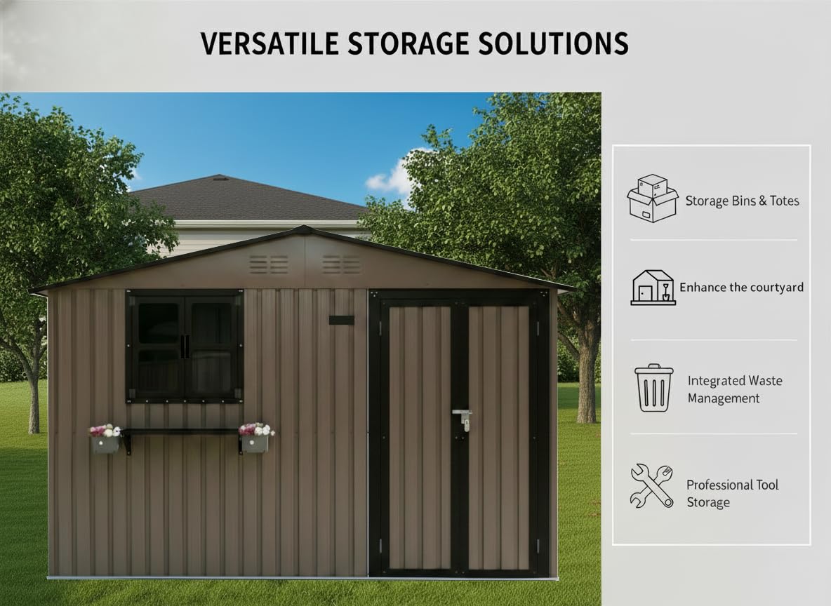 10x8 FT Storage Shed,Outdoor Metal Building Backyard Shed with 2 Clear Openable Windows,Windowsill & Garden Bed Flower Rack,Lockable Double Doors Tool Shed, Heavy Duty Waterproof,for Yard,Brown