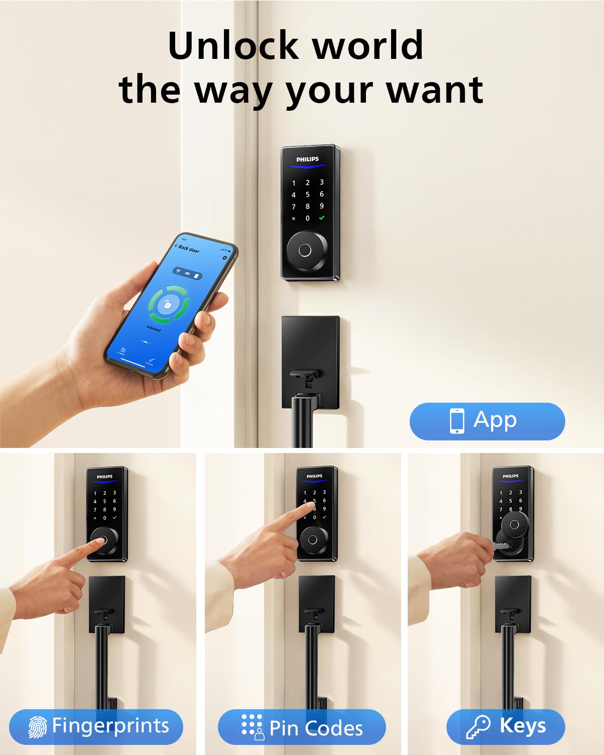 Philips Wi-Fi Smart Lock with Handle, WiFi Keyless Entry Keypad Door Lock with Handle, Front Door Deadbolt Set, Fingerprint Unlock, PIN Code Unlock, Auto Locking, App Remote Control, Bulit in WiFi