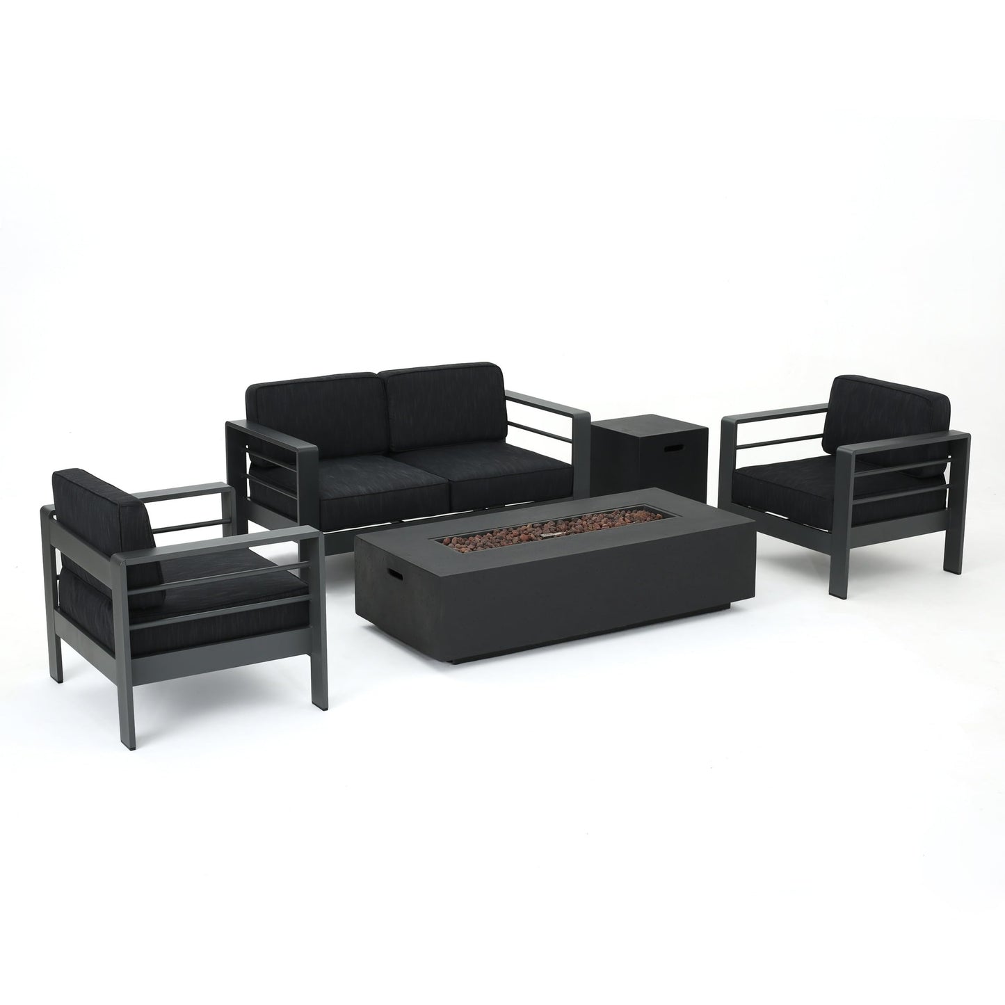 Christopher Knight Home Cape Coral Outdoor Aluminum 5 Piece Conversation Set with Water Resistant Cushions Grey Rectangular Fire Table, 56.75 "W x 27.5 "D x 24.6 "H, Gray + Dark Gray