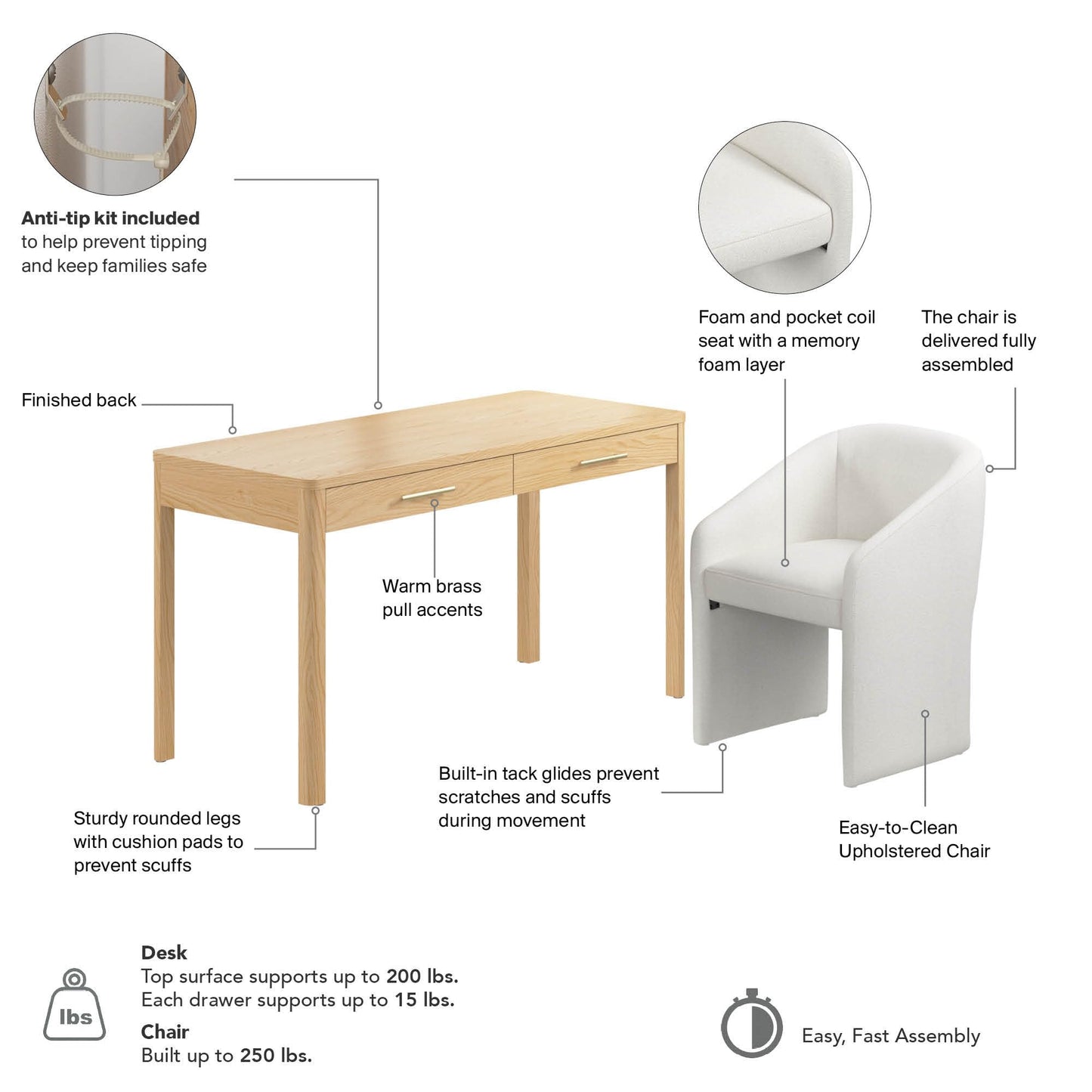 Bush Home Vera 54W Writing Desk with Upholstered Barrel Office Chair, Home Office Furniture, Vera Collection, Natural White Oak and Light Cream Fabric