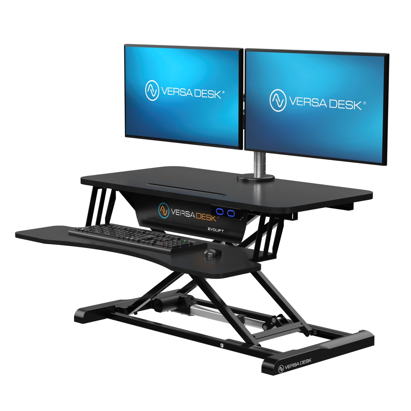 VERSADESK EvoLift 32" Electric Standing Desk Converter, Sit to Stand Motorized Desk Riser, 1-Button Easy Lift, Dual Monitor Workstation, Wide Keyboard Tray, Built-in Device Stand, Black