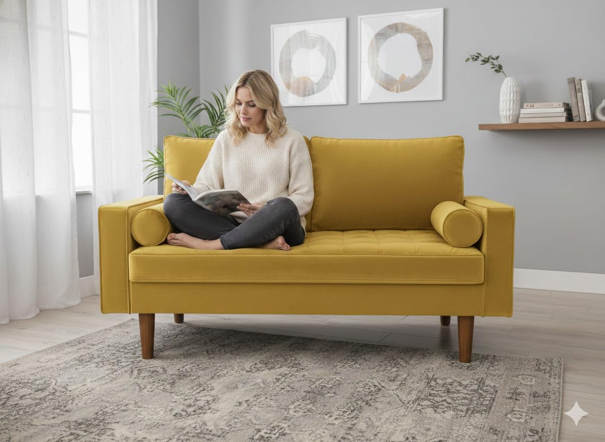 Container Furniture Direct Womble 58 Inch Velvet Loveseat Sofa with Elegant Button Tufted Upholstery, Square Arms, Splayed Wood Legs, Includes Matching Bolster Pillows, Goldenrod