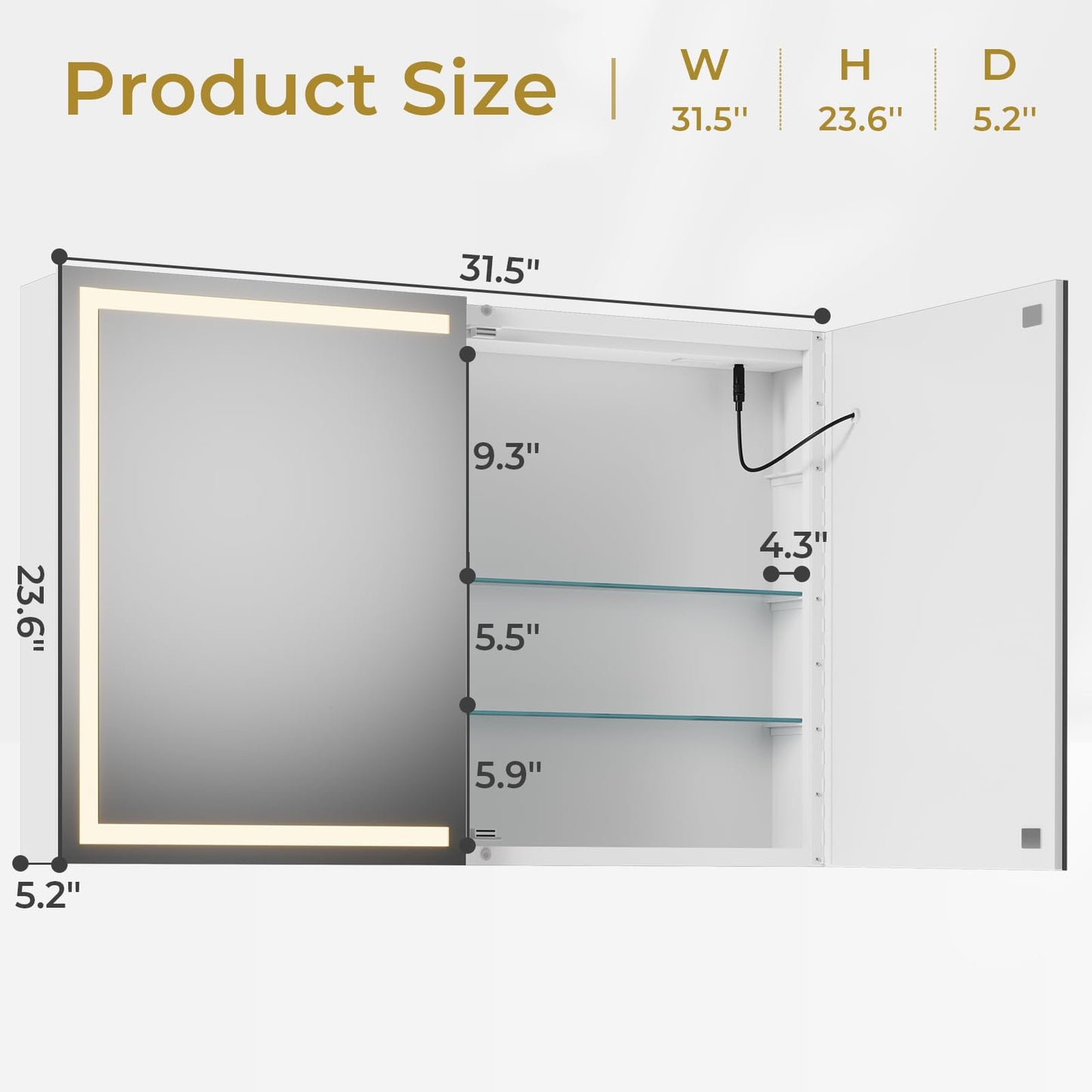 Hasuit Lighted Medicine Cabinet with Mirror, Wall Mounted Bathroom Mirror with Storage, 2 Doors Bathroom Wall Cabinet with LED Lights, 31.5'' x 23.6''