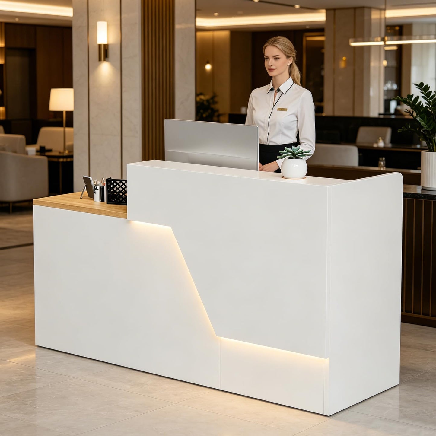 Reception Desk with Cabinet,63 Inch Modern Front Desk Reception with Cable Grommet and Keyboard Tray,Ample Workspace, Easy Assembly,for Office,Checkout Counter,Hotel Lobby(White)