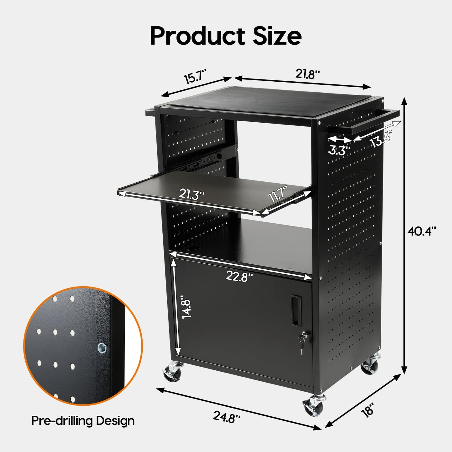 AV Cart with Wheels, Lockable Multimedia Computer Cart with Power Strip, Mobile Projector Cart with Pull-Out Keyboard Tray, Steel Cabinet Storage, Pegboard & Hooks for Classroom Office School