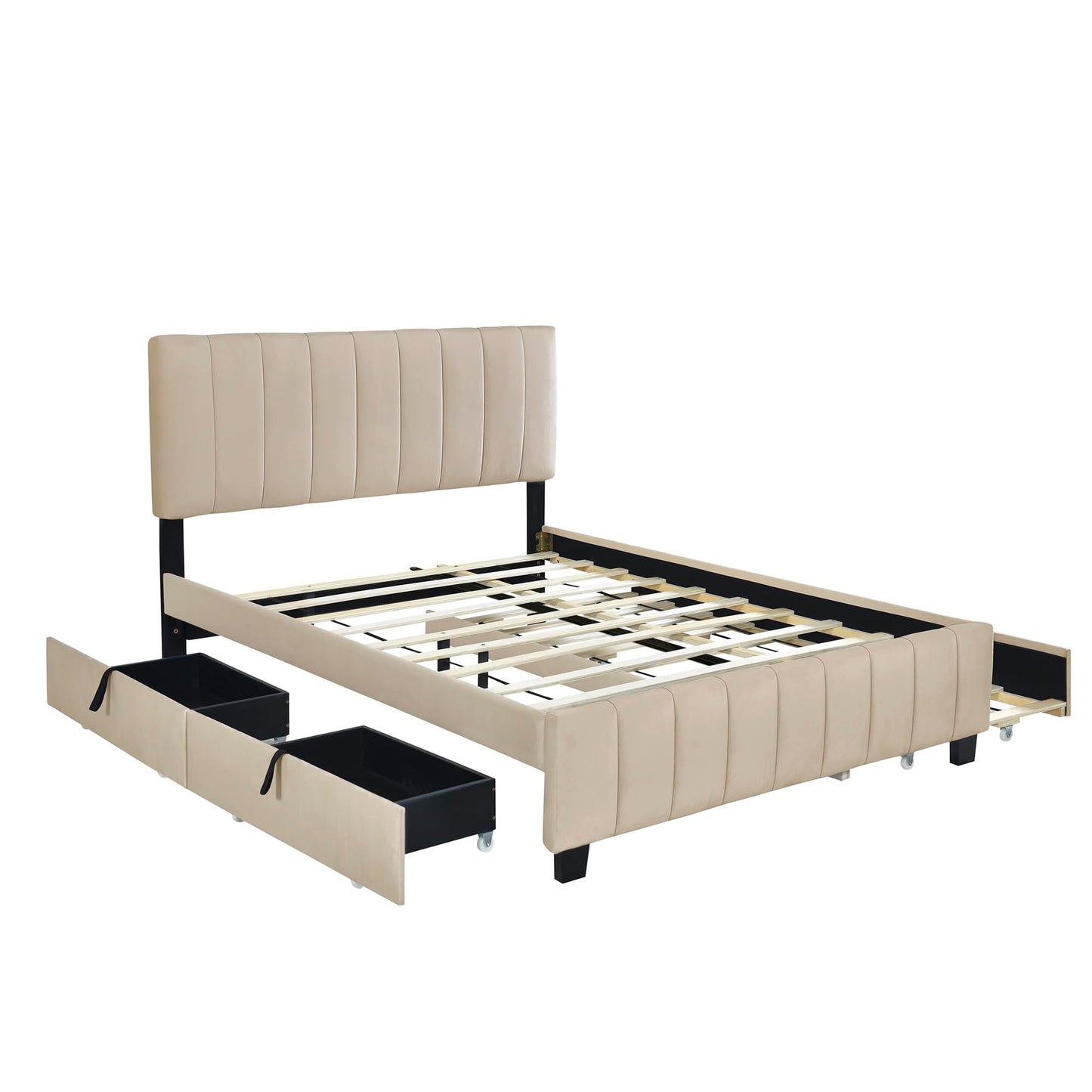 Bellemave Queen Size Upholstered Bed Frame with 2 Drawers & 1 Twin XL Trundle, Velvet Platform Storage Bedframe Mattress Foundation, Queen Trundle Bed Frame,Easy Assembly,Beige