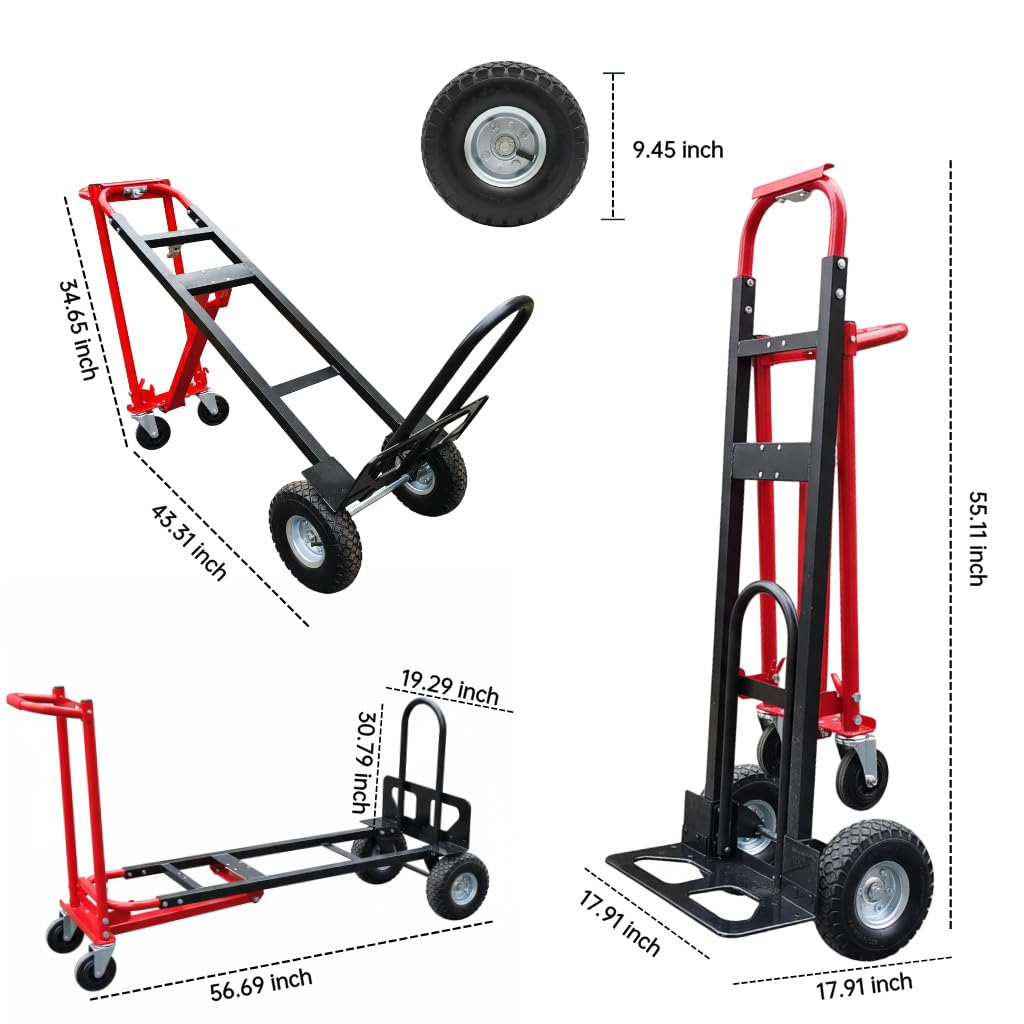 Suzhi Convertible Hand Truck Dolly Cart Heavy Duty/with 4 Wheels,Industrial Grade,1000 Lbs Load, 2 Straps for Moving Furniture/Appliance/Carton/Warehouse/Office / 10 Minutes' Install as Video