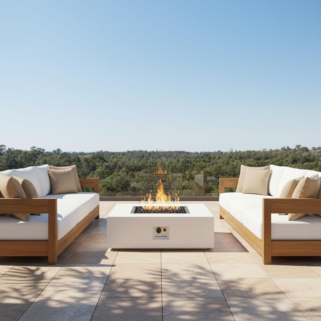 Christopher Knight Home Yuna Outdoor Propane Fire Pit Table with Lava Rock, No Assembly MGO Tank Table for Patio/Deck, 50000 BTU, Square Tabletop Fire Pit Outdoor, Patio Fire Table, White