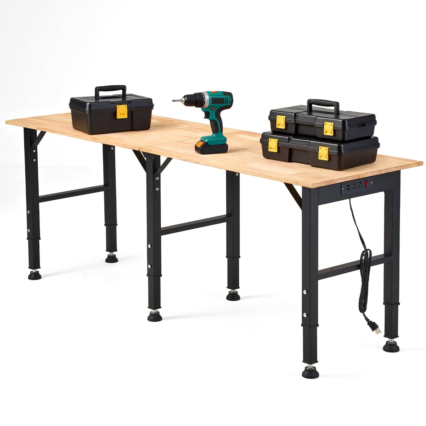 OLBRUS 68 "Adjustable Workbench with Power Outlet - Work Bench Table Heavy Duty 1500 LBS Load Capacity, Hardwood Work Table for Garage, Workshop, Office, Home