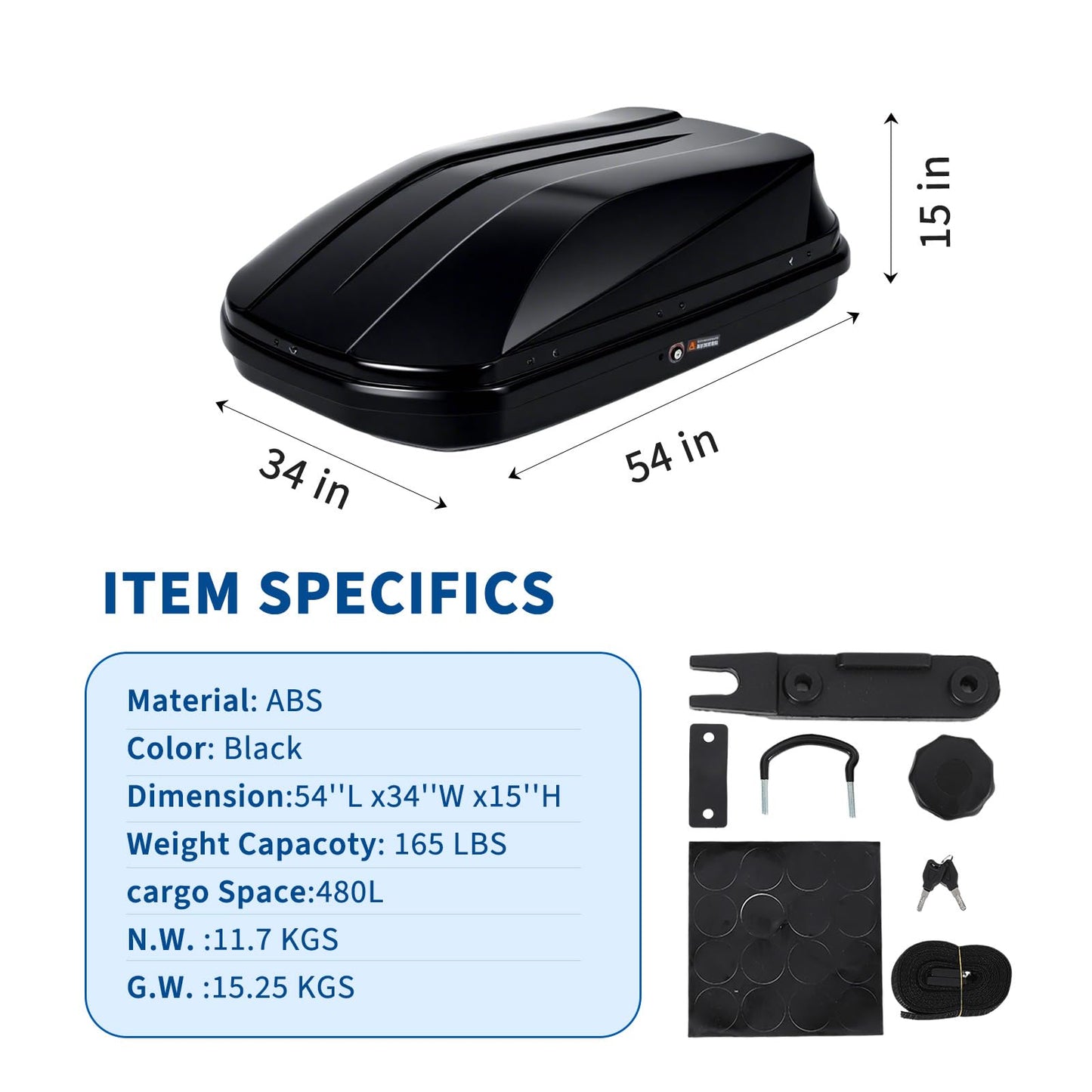 Rooftop Cargo Box Carrier, 17 Cu ft Hard Shell Rooftop Cargo Carrier - Dual-Side Opening, Universal Car/SUV Fit, Waterproof ABS Material, 165Lbs Capacity w/Secure Straps & Keys