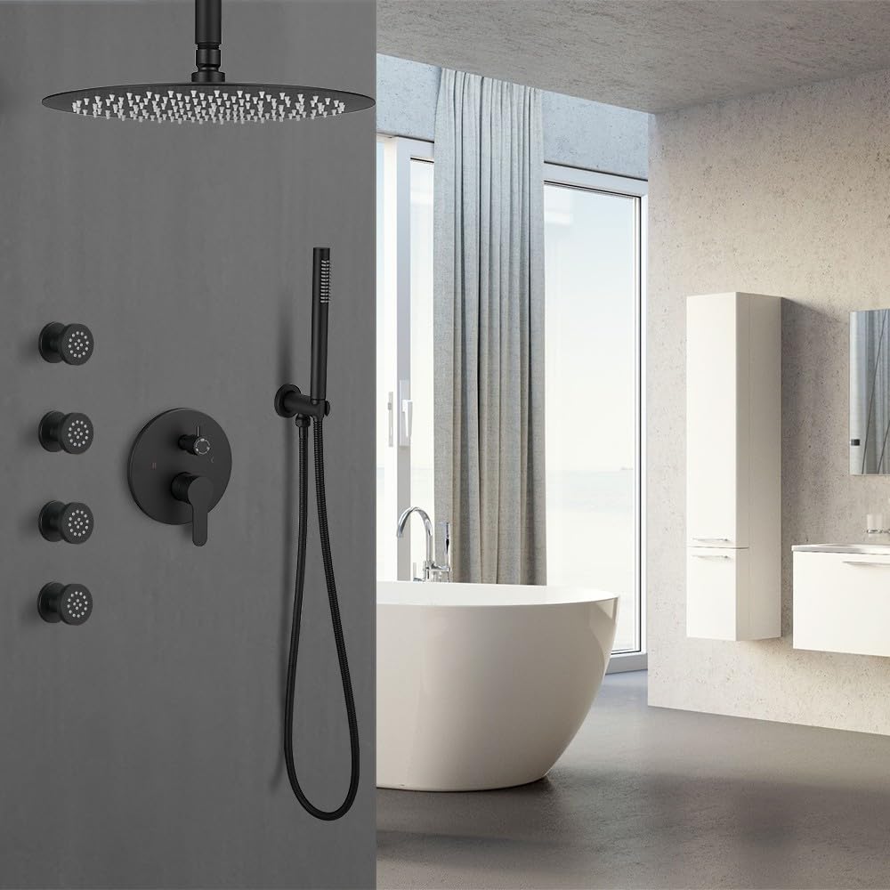 HXYHS Matte Black Round Shower Faucet Set with Body Jets 12 Inch Shower Head Handheld Shower Combo Set High Pressure Ceiling Mount with Rough-in Valve