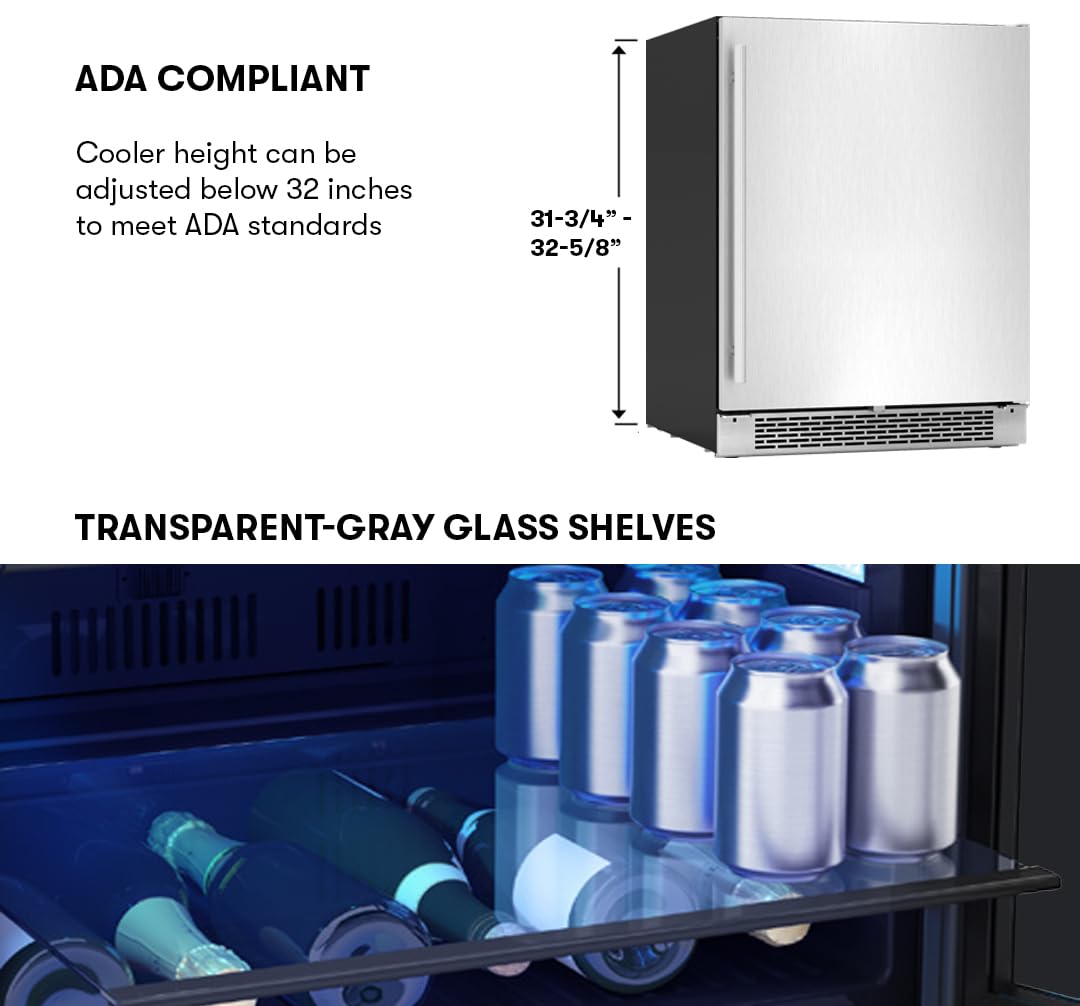 Zephyr Brisas 24" Wine Fridge & Beverage Refrigerator ADA Single Zone Under Counter - Mini Wine Cooler Cellars Small Beer Cabinet Drink Chiller Freestanding Stainless Steel Door - 8 bottles 98 cans