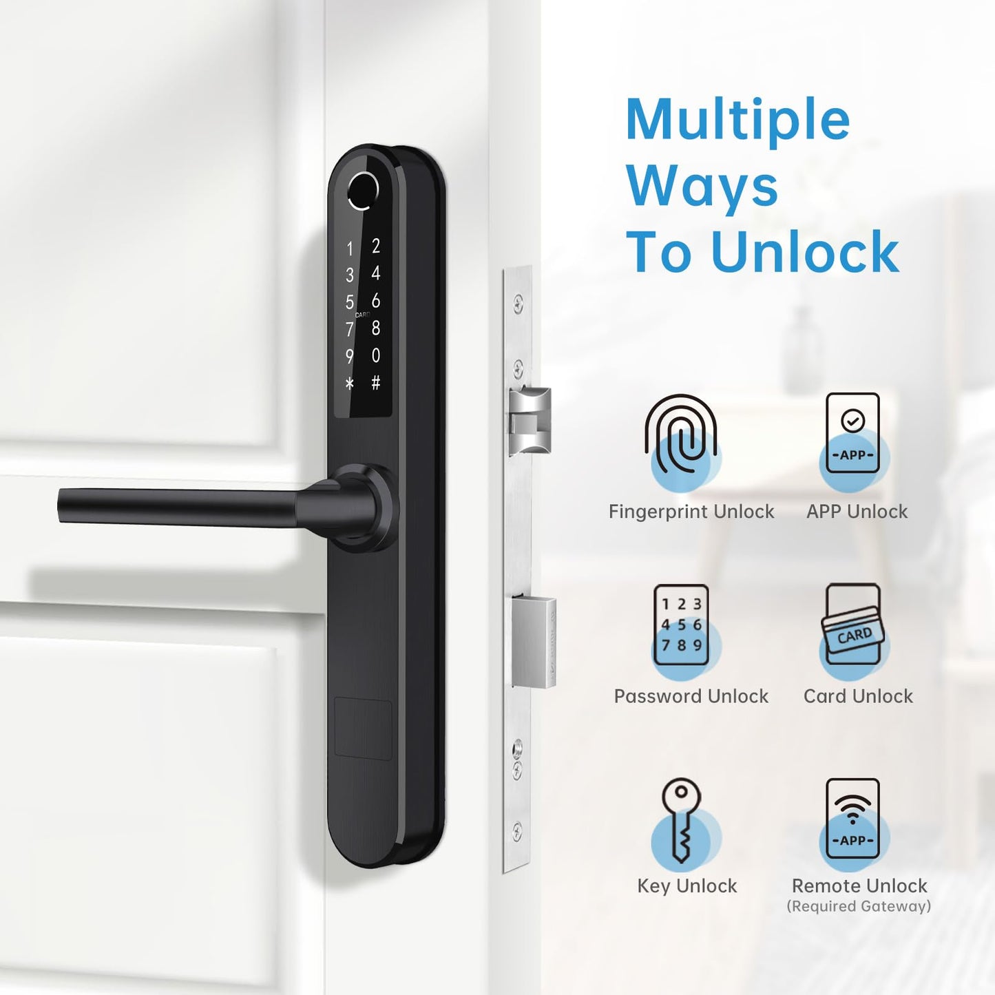 Luston Slim Smart Lock Front Door Stainless Steel Waterproof Mortise Lock,Keyless Entry Door Lock,WiFi Bluetooth Fingerprint Digital Keypad Aluminum Swing Door Lock with Handle(Black)