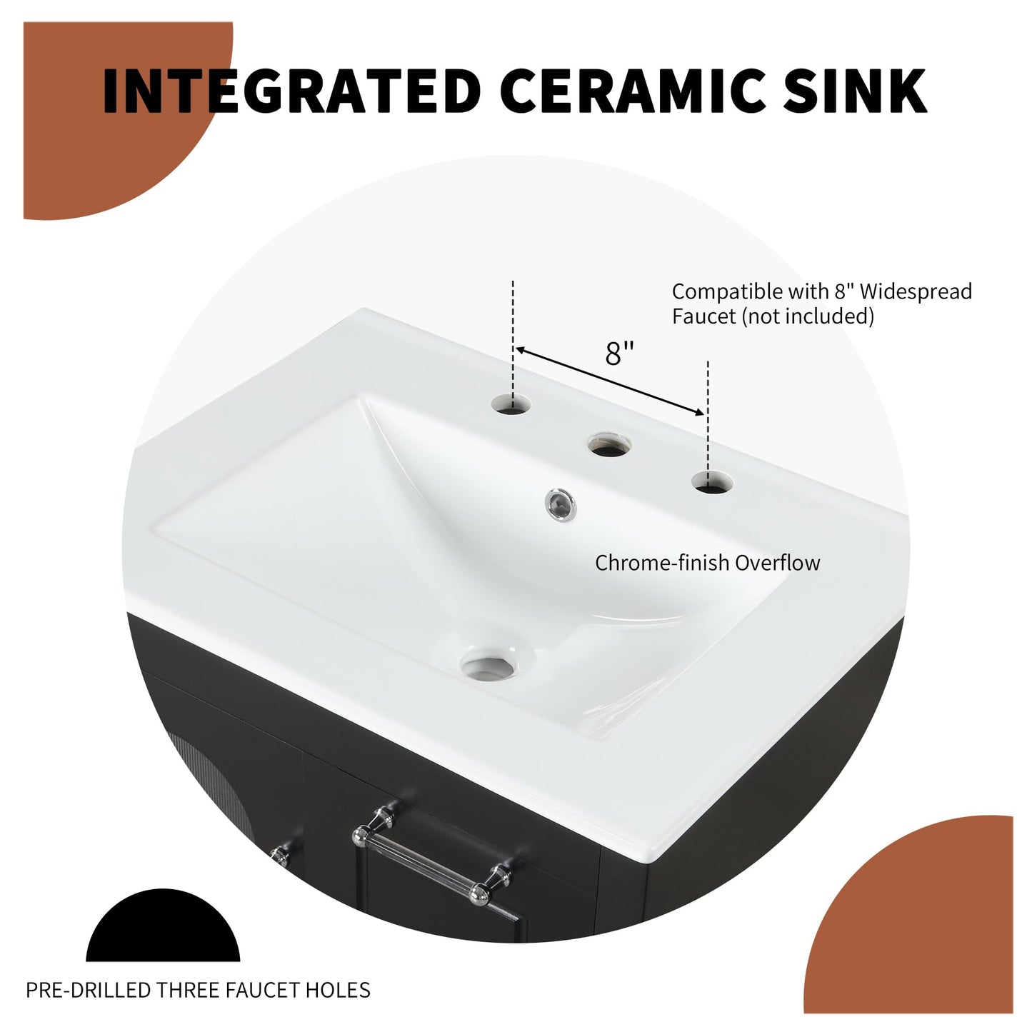 24" Bathroom Vanity with Sink Set, Storage Cabinet with Moru Glass and Two Drawers, Adjustable Shelf, Black