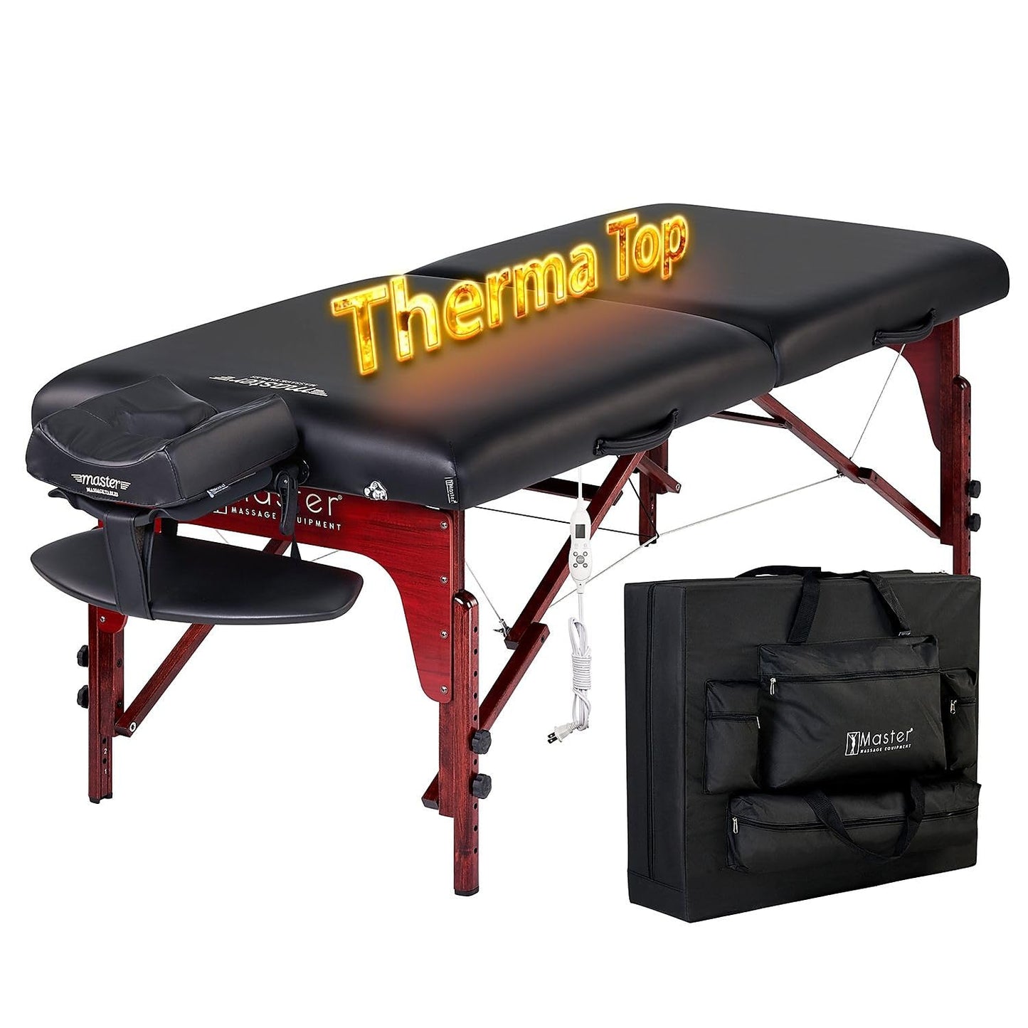 31" Montclair ThermaTop™ Master Massage Portable Massage Table with Memory Foam, Reiki Panels, & Shiatsu Cables (Black& Mahogany) Esthetician Bed- Lash Table