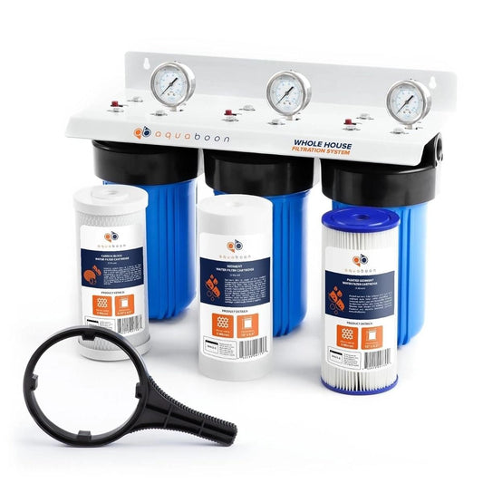 Aquaboon 3-Stage Whole House Water Filter System with 5 Micron 10x4.5 House Water Purification Pleated Sediment, Carbon Chlorine Reduction and Reducing Sediment Filter, Pressure Gauge, Wrench, Bracket