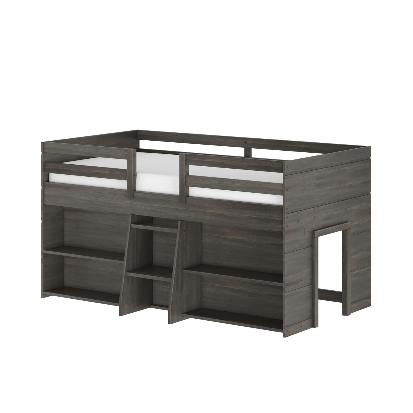 Max & Lily Modern Farmhouse Low Loft Bed, Twin Bed Frame for Kids with 2 Bookcases, Driftwood