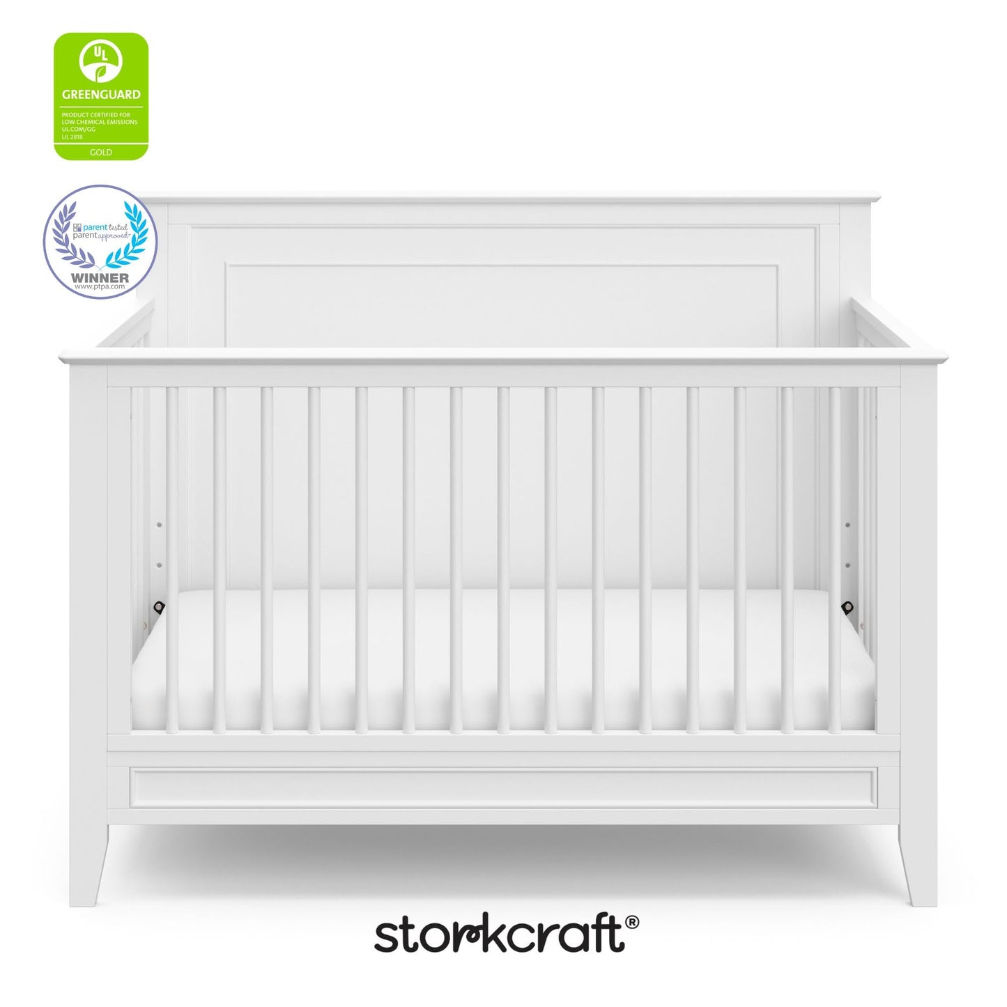 Storkcraft Solstice 5-In-1 Convertible Crib – GREENGUARD Gold Certified, Converts to Toddler Bed and Full-Size Bed, Fits Standard Full-Size Crib Mattress, Adjustable Mattress Support Base (White)