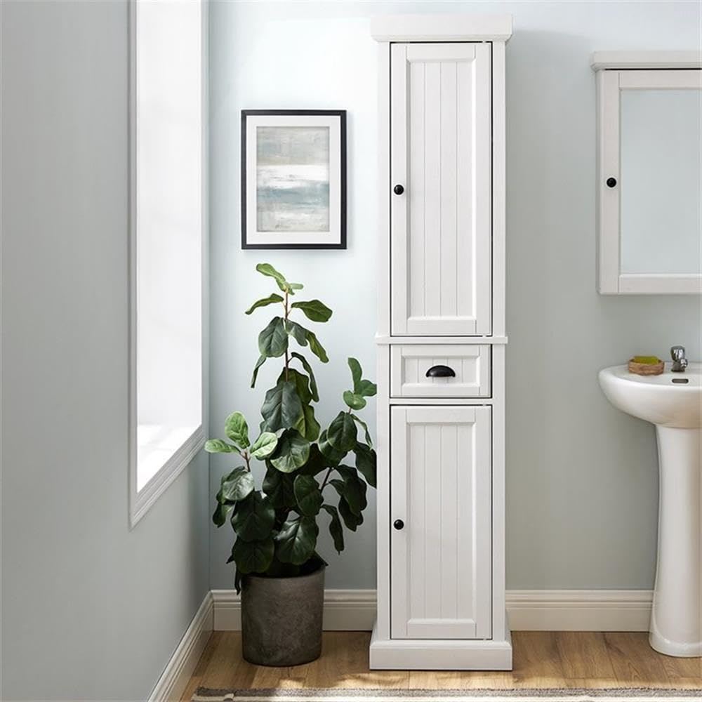 Crosley Furniture Seaside Tall Linen Storage Cabinet and Bathroom Organizer with a Drawer and Shelves, Distressed White