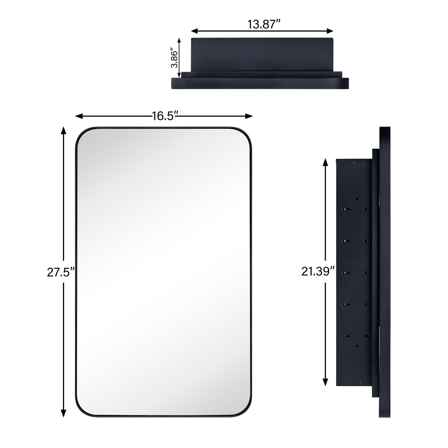 EGHOME Matt Black Rectangle Recessed Bathroom Medicine Cabinet with Mirror Stainless Steel Metal Framed Rounded Rectangular Bathroom Cabinet with Mirror 16.5x27.5''