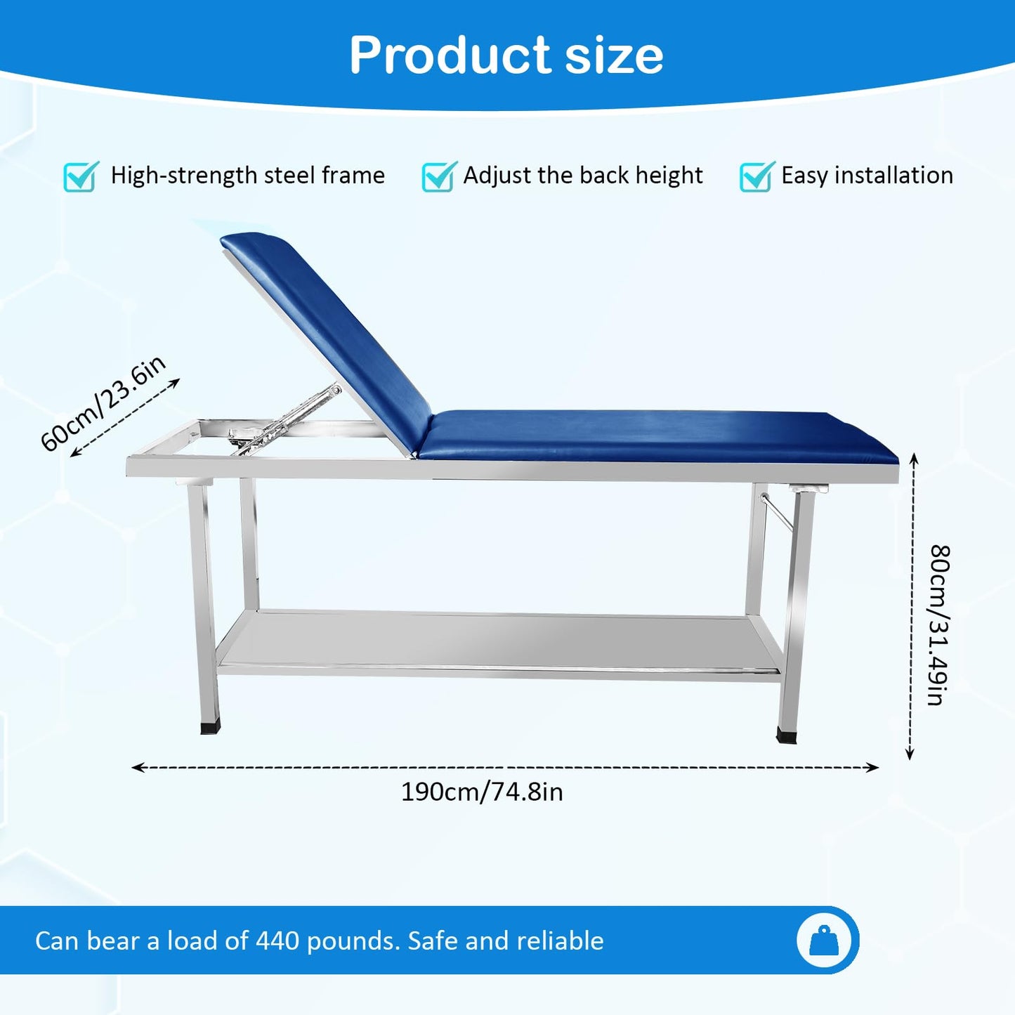 Adjustable Patient Treatment Table，Doctor Bed with Folding Legs is stable and durable，Folding Medical Exam Table holds 500 lbs，for Clinical examination table、Massage Table、Spa Beds、Beauty (blue)