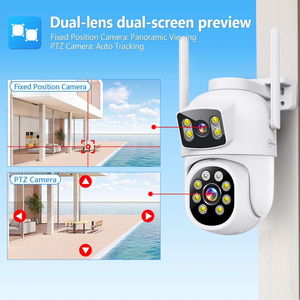 MOVOLS Wireless Security Camera System 5G/2.4G WiFi 4pcs 4MP+4MP Dual Lens Camera with 10" LCD Monitor Screen NVR System,2K HD PTZ Cameras with Color Night Version, Motion Detection,500GB HDD,10CH