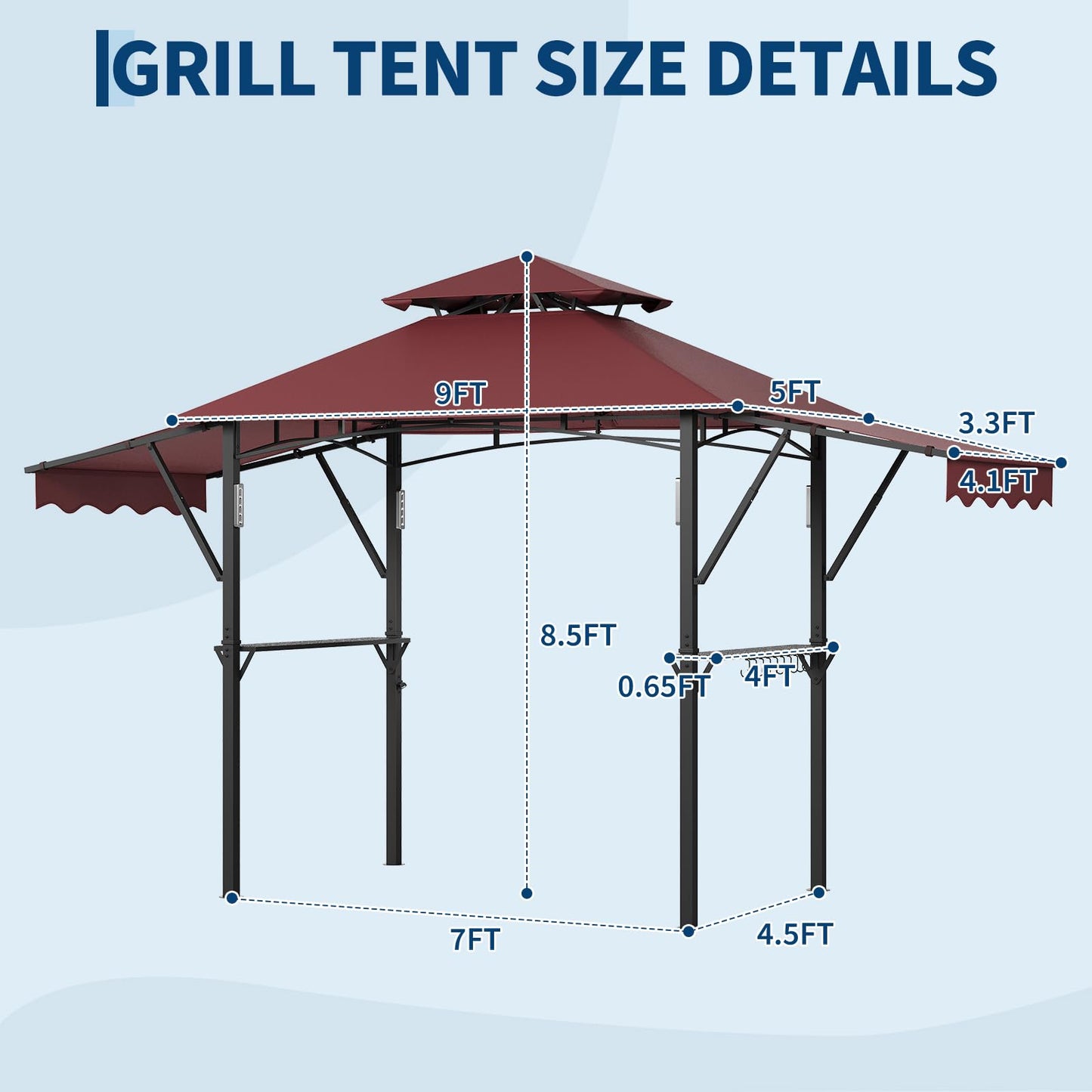 Garvee 8x5 Grill Gazebo Outdoor BBQ Canopy, Double Tier Patio Grill Shelter with Adjustable Dual Side Awnings, 2 Handy Shelves, Hooks & Ceiling Light Hook, Heavy Duty Steel Frame for Backyard-Claret