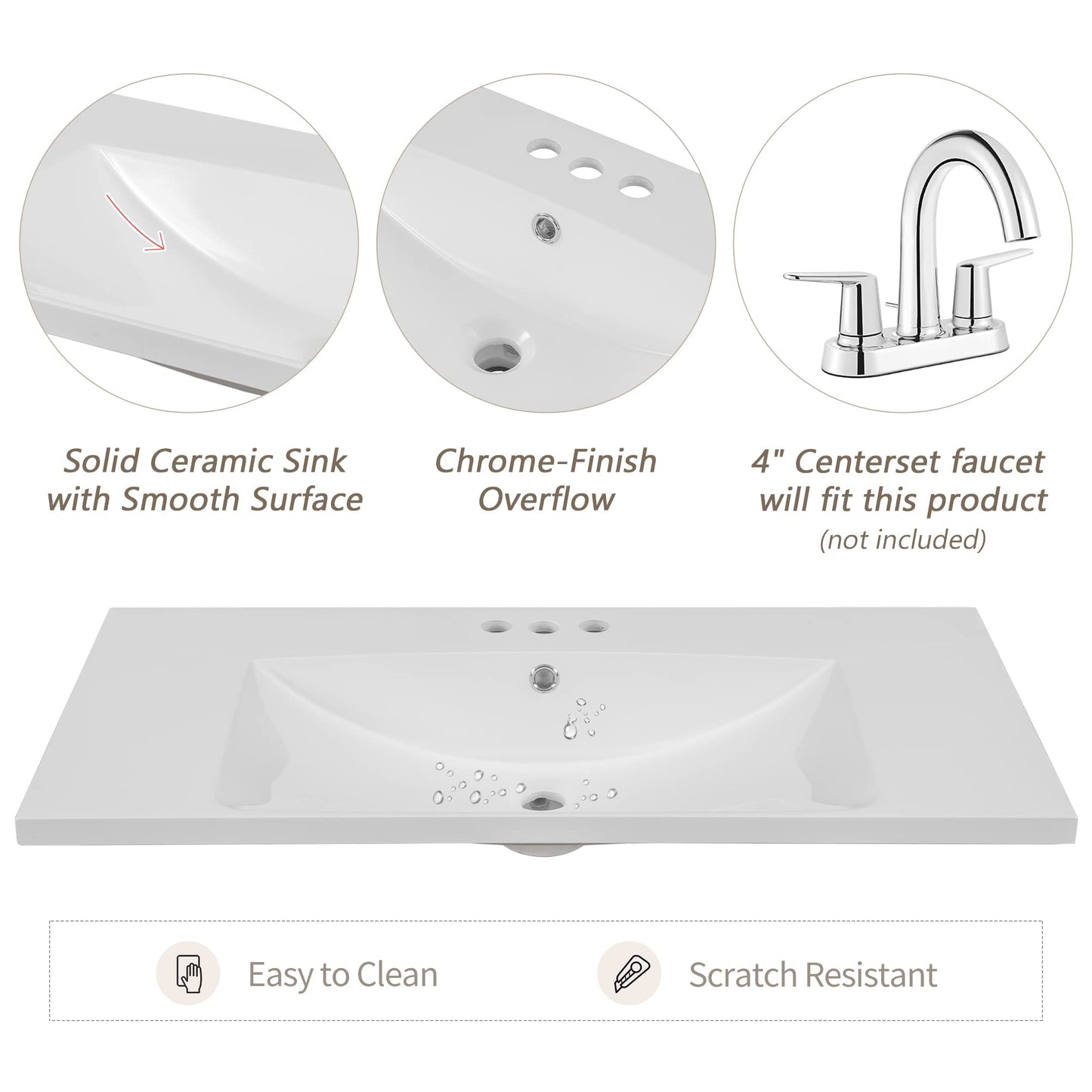36" Bathroom Vanities with Sink Set Combo, Cabinet with 3 Drawers and 2 Soft-Closing Doors, Solid Wood Frame & MDF Board