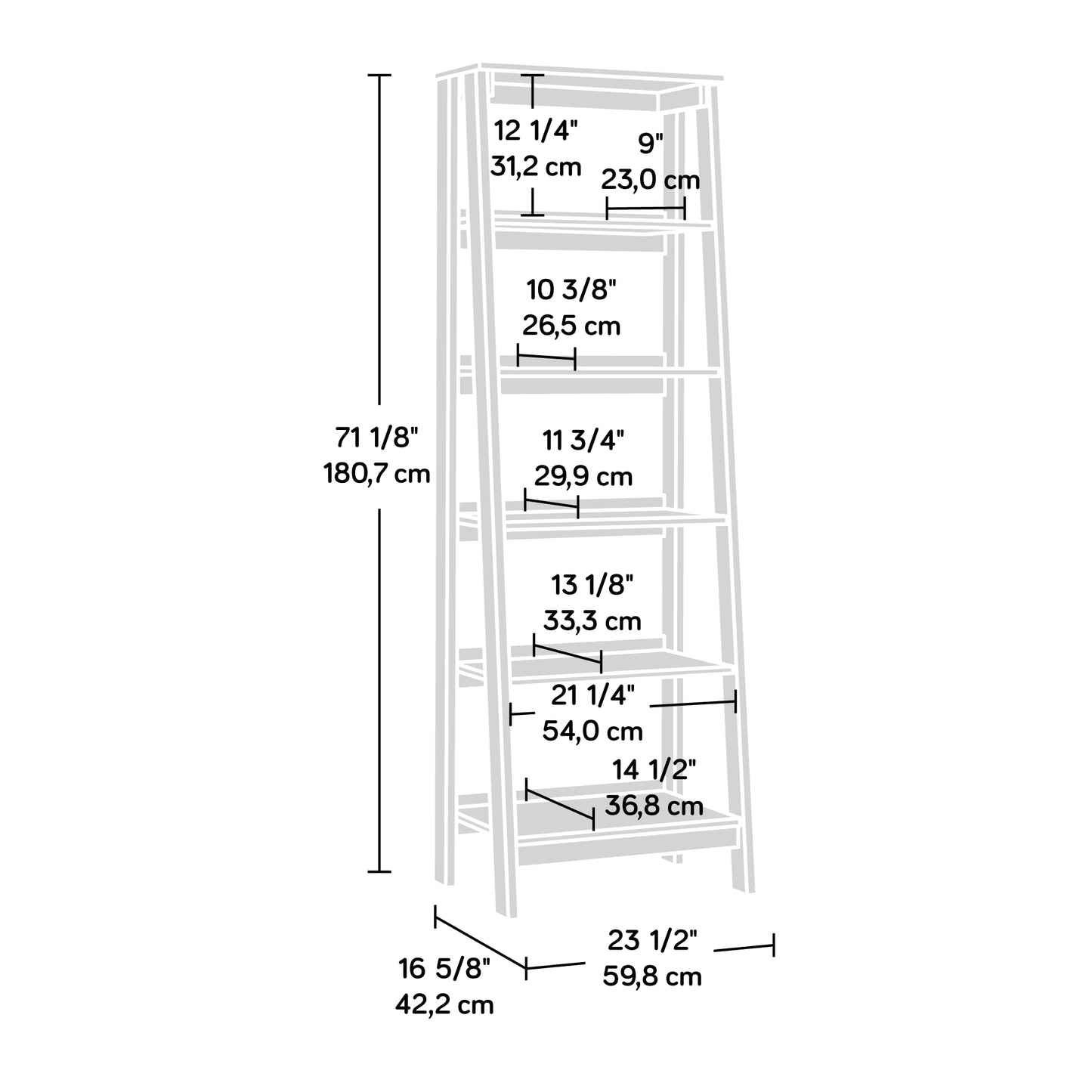 Sauder Ladder Bookshelf 5 Tier Trestle Ladder Shelf Wooden Bookcase, in Mystic Oak