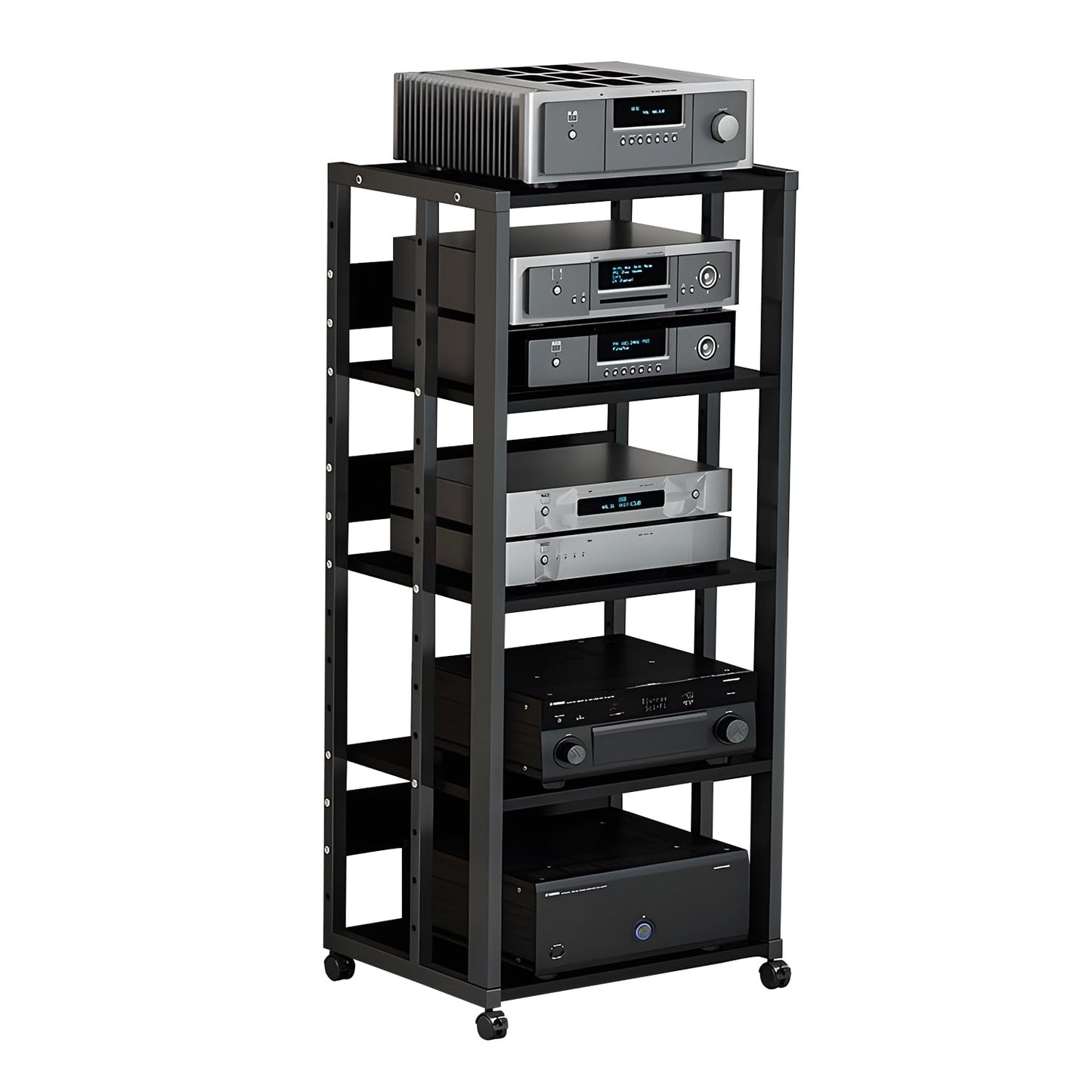 jvsufuik 5-Tier AV Media Stand with Wheels, Media Console Cabinet With Adjustable Shelves, Metal Audio Rack, Mobile Game Console Stand, Stereo Audio Cabinet For Record Player, Dvd, TV Box