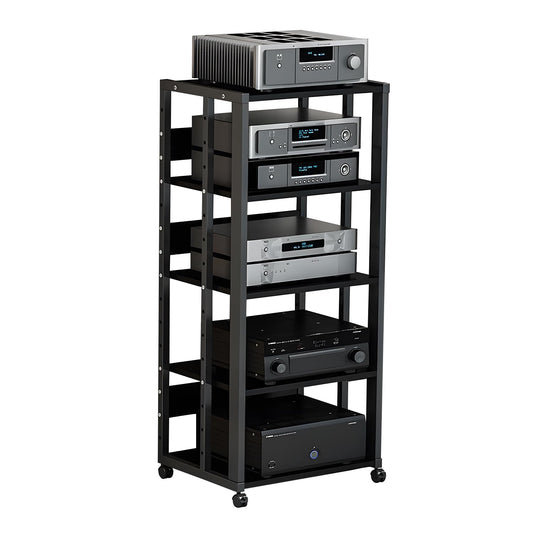 jvsufuik 5-Tier AV Media Stand with Wheels, Media Console Cabinet With Adjustable Shelves, Metal Audio Rack, Mobile Game Console Stand, Stereo Audio Cabinet For Record Player, Dvd, TV Box