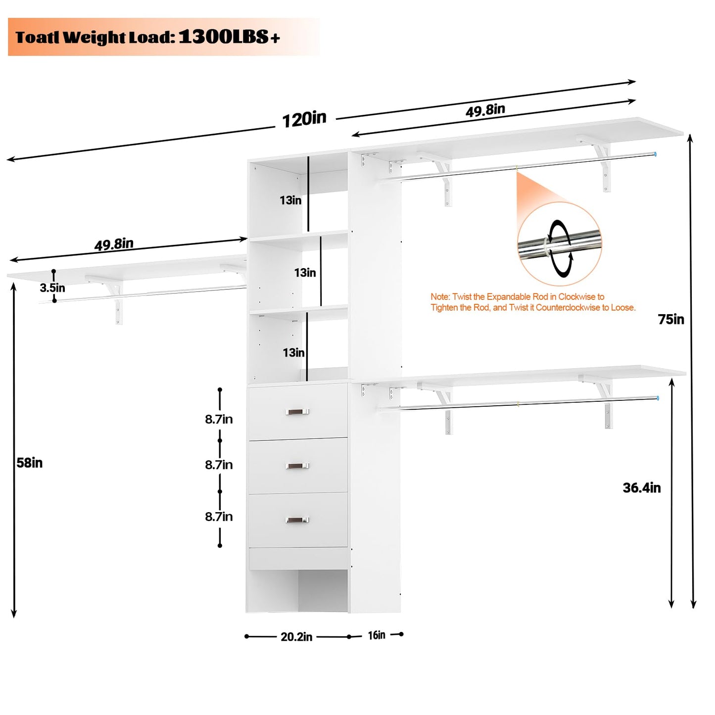 Armocity 120 Inches Closet System, 10FT Walk In Closet Organizer with 3 Shelving Towers, Heavy Duty Clothes Rack with 3 Drawers, Built-In Garment Rack, 120" L x 16" W x 75" H, Max Load 1300 LBS, White