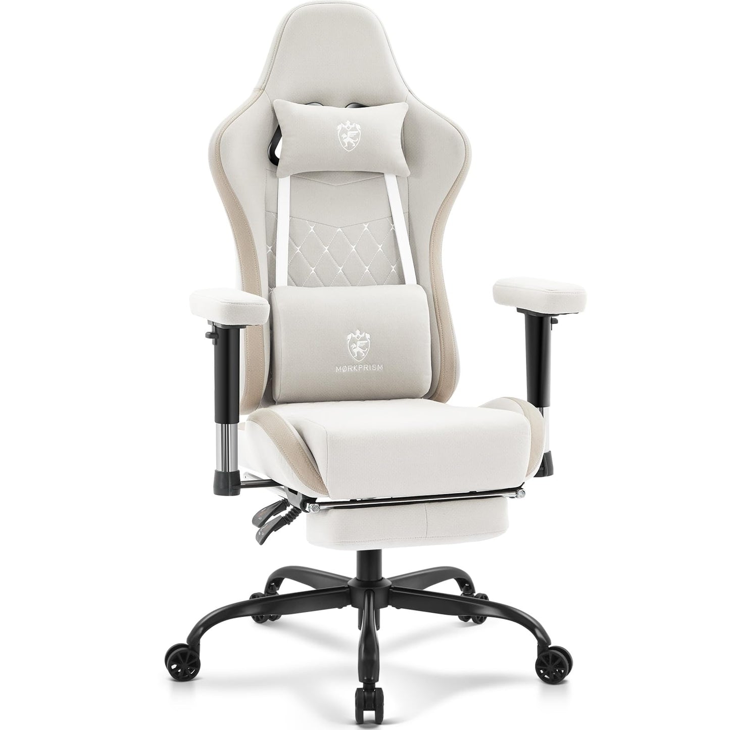 Morkprism Gaming Chair Breathable Fabric,Computer Office Chair with Footrest,Massage Lumbar Support and Gel Pad,Ergonomic Reclining Gamer Chair with Adjustable Armrests and Spring Cushion Beige