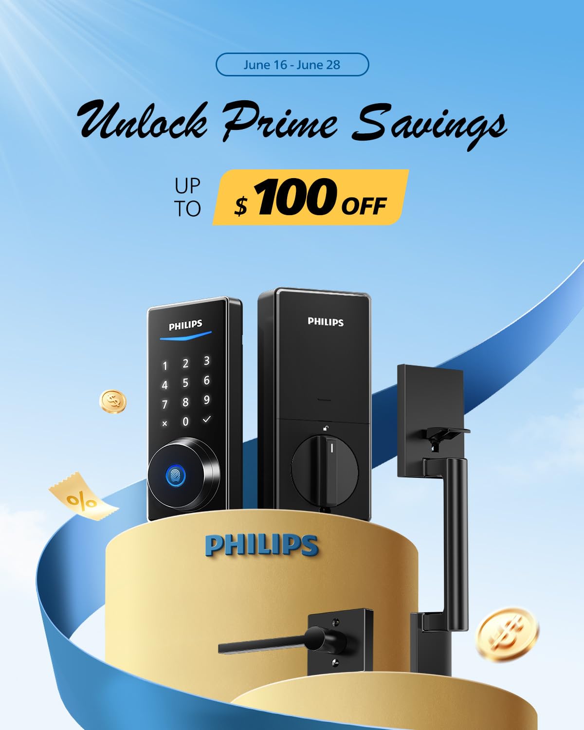 Philips Wi-Fi Smart Lock with Handle, WiFi Keyless Entry Keypad Door Lock with Handle, Front Door Deadbolt Set, Fingerprint Unlock, PIN Code Unlock, Auto Locking, App Remote Control, Bulit in WiFi