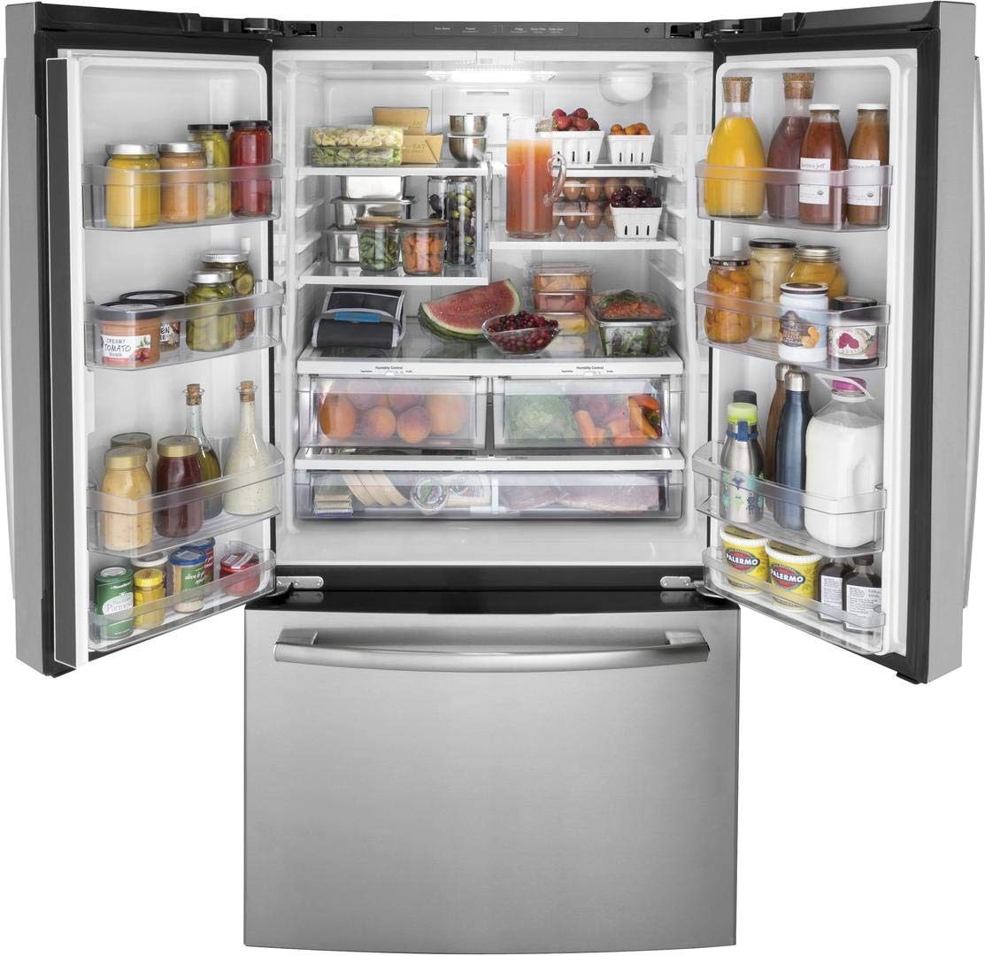 GE GNE27JYMFS 36" French Door Refrigerator with 27 cu. ft. Total Capacity LED Lighting Internal Water Dispenser Spill-Proof Shelves in Fingerprint Resistant Stainless Steel