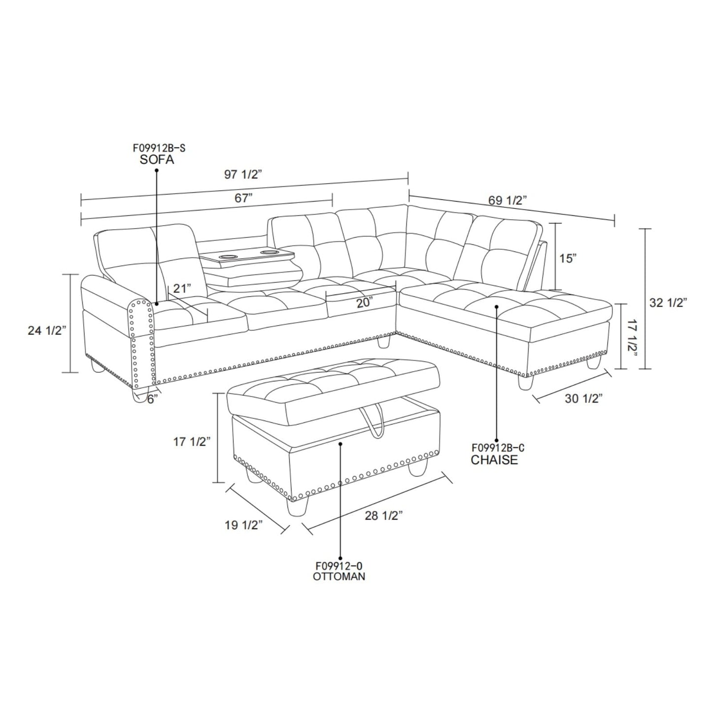 Trygoal 97.5" L-Shape Sofa with Storage Ottoman & Reversible Coffee Table, Leather Sectional Couch with Right Chaise, Modern 3-Piece Sofa Set, Upholstered Couch Set with Solid Wood Frame, Dark Grey