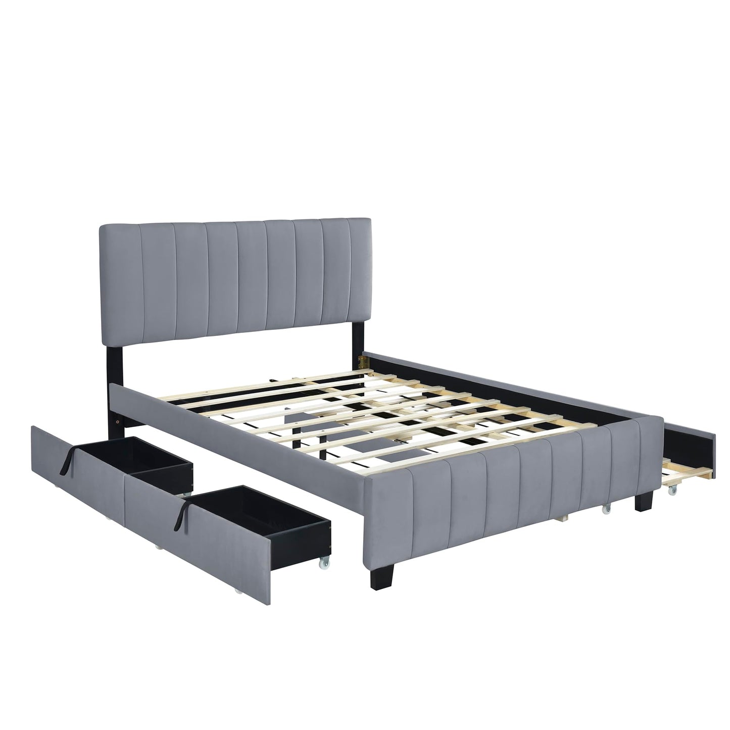 Bellemave Queen Bed Frame with Trundle Bed,Velvet Upholstered Platform Bed Frame with Storage Drawers,Queen Size Trundle Bed with Headboard for Kids Teens Adults,Gray
