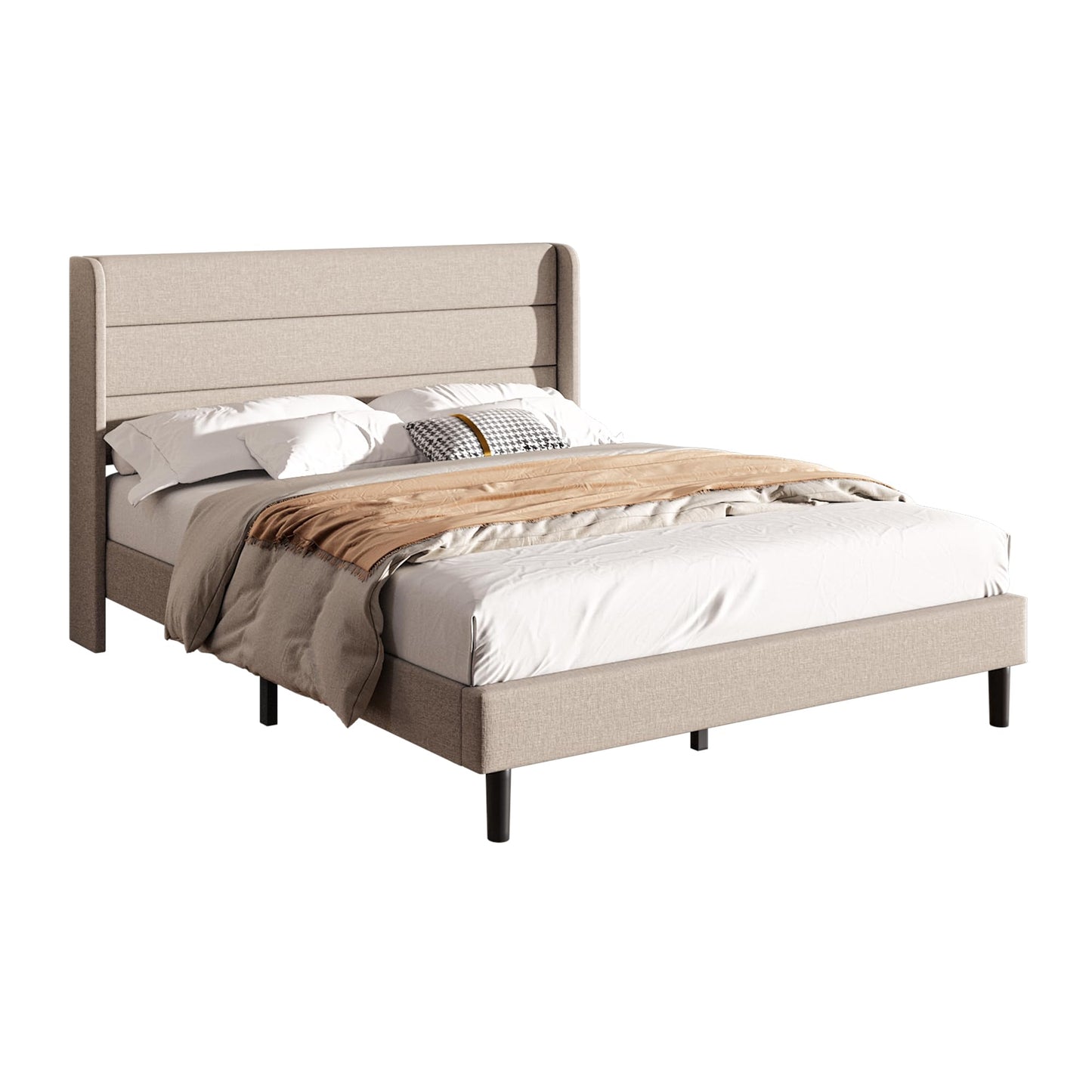 Mxhtcewz Queen Size Upholstered Platform Bed Frame, Modern Linen Fabric Bed with Wingback Headboard, Sturdy No Wobble, Noise-Free & Easy Assembly, No Box Spring Needed, Beige