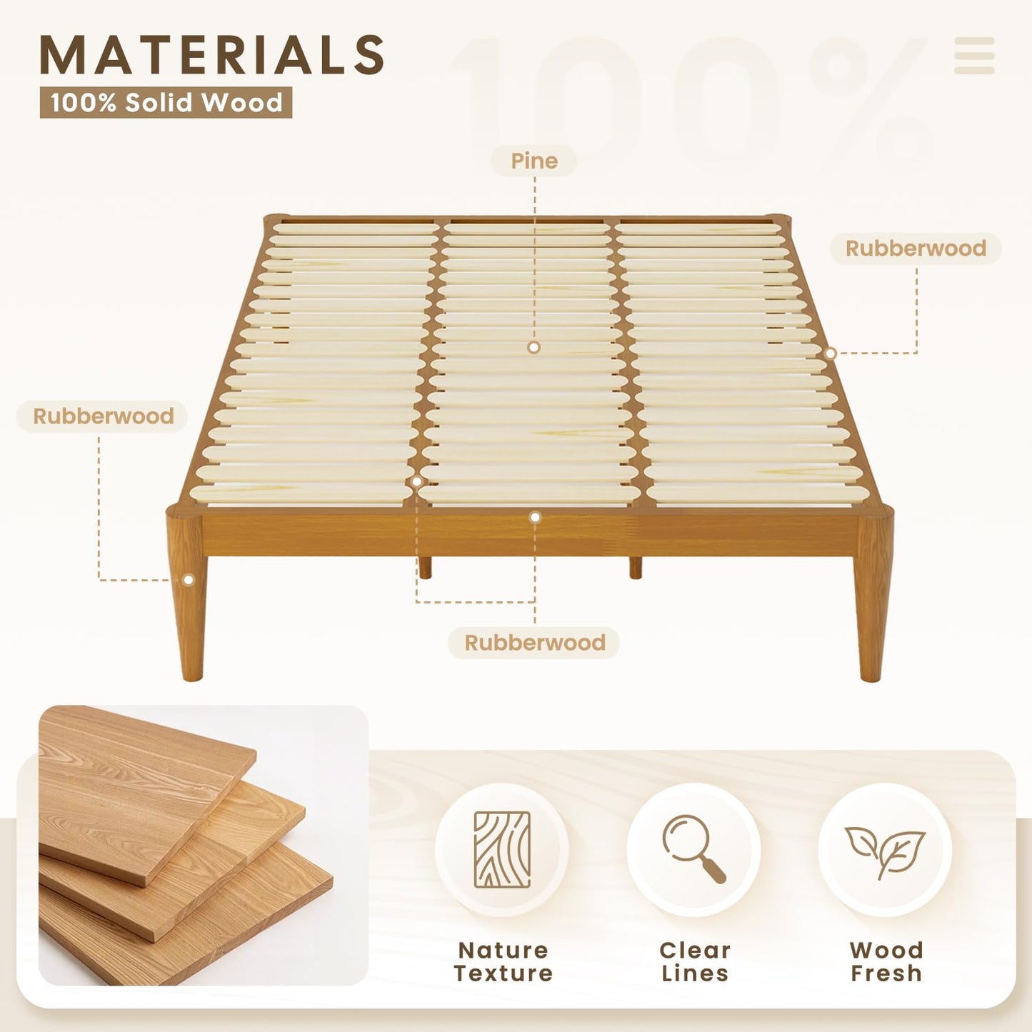 IOTXY Full Platform Bed Frame - Solid Wood 16-Inch Height Mattress Foundation Base with Densely Slats and Heavy-Duty Support Legs, No Box Spring Needed, Teak