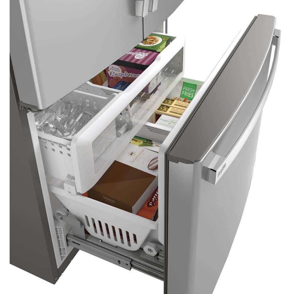 GE Profile 36 Counter Depth French Door Refrigerator with 23.1 cu. ft. Capacity Internal Water Dispenser TwinChill Evaporator and Showcase LED Lighting in Fingerprint Resistant