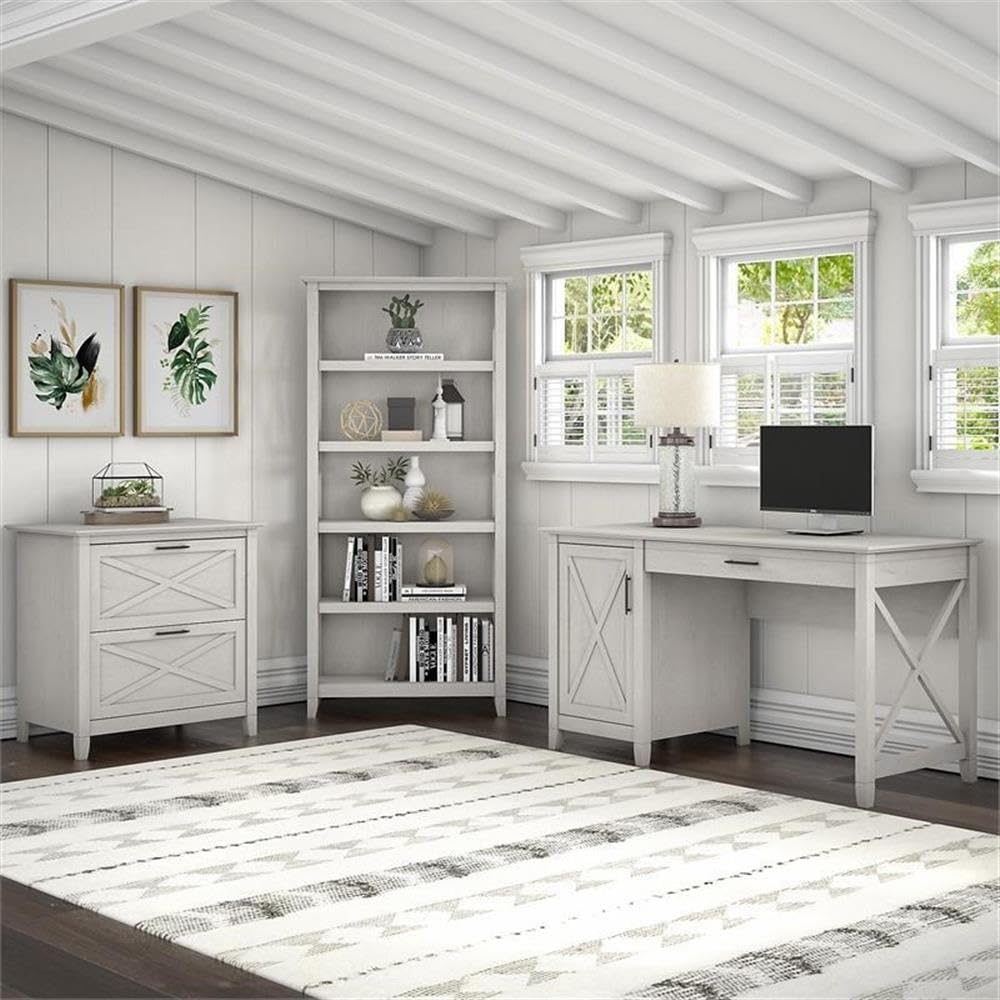 Bush Home Key West 54W Computer Desk with 2 Drawer Lateral File Cabinet and 5 Shelf Bookcase in Linen White Oak