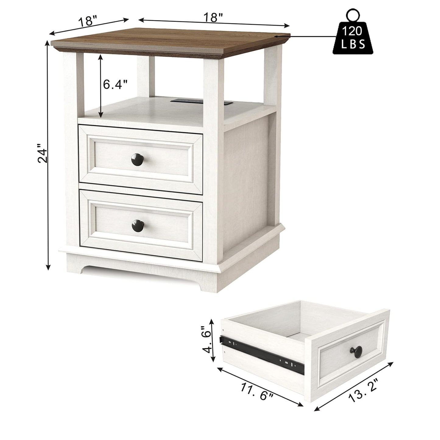 REDAYFUR 24” Tall Nightstand with Charging Station, 18” Bedside Table with Drawers,Rustic Wooden Storage Cabinet with Open Shelf for Bedroom,White