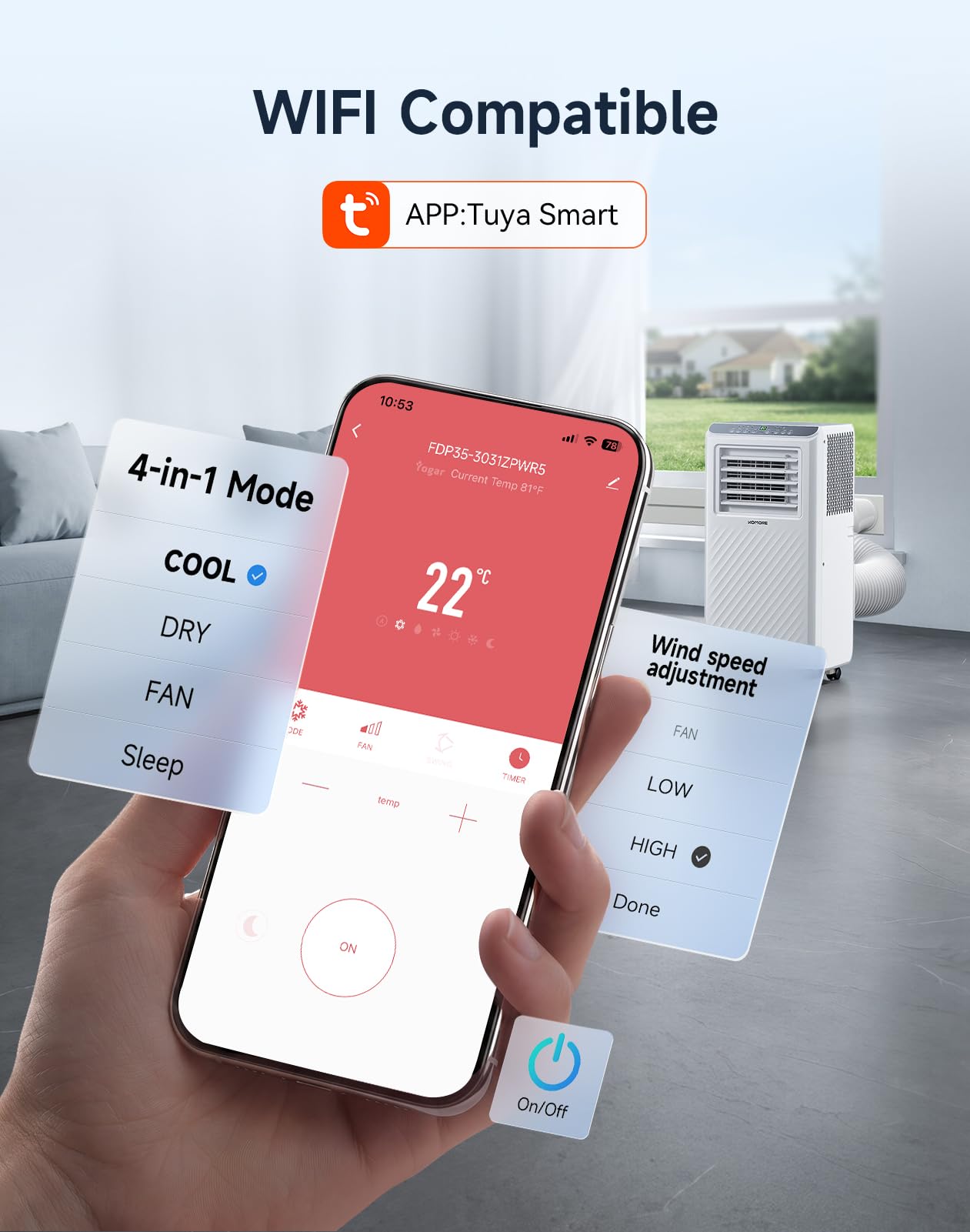 KOMORE Portable Air Conditioner,10000 BTU up to 450 Sq.Ft 4-in-1 Smart Quiet WiFi Floor Standing AC Unit for Bedroom Office room,Cooling,Dehumidifier,Fan,Sleep Mode,24H Timer,Remote Control (White)