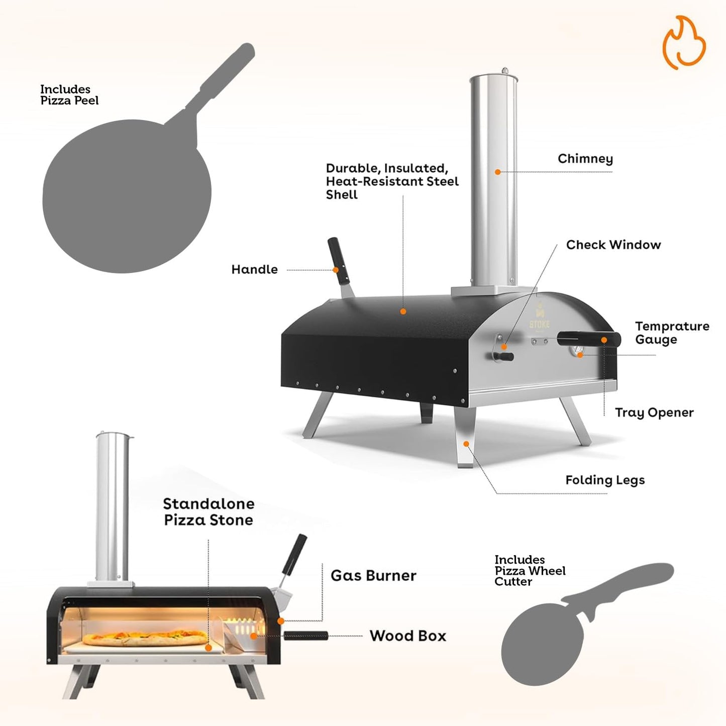 Stoke 13-Inch Wood Pizza Oven With Gas Burner, Peel, Rain Cover, and Cutter Included for Backyard, Camping, or Tailgating